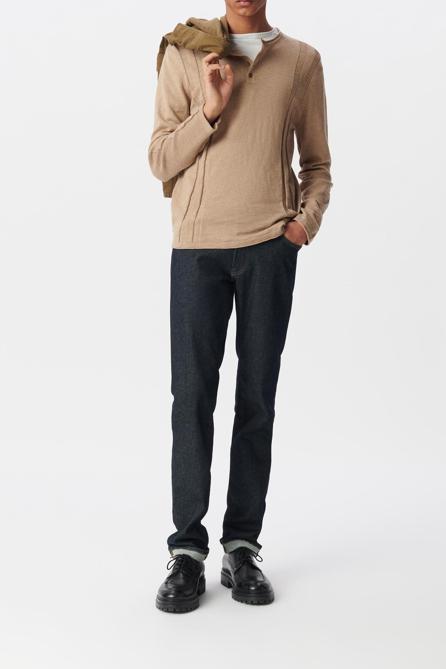 BEIGE ORGANIC COTTON FINE KNIT BUTTON-NECK SWEATER 1