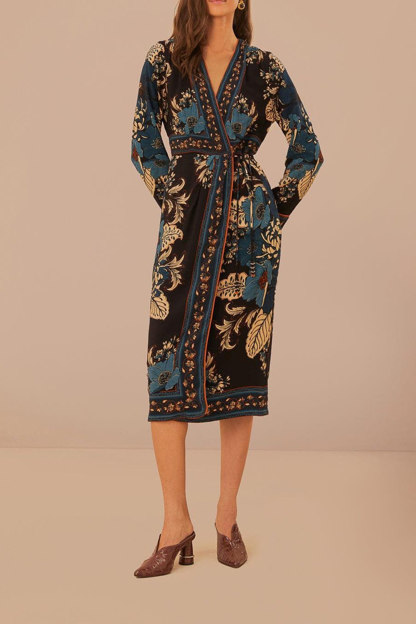BLOSSOM TAPESTRY BLACK MIDI WRAP DRESS 2
