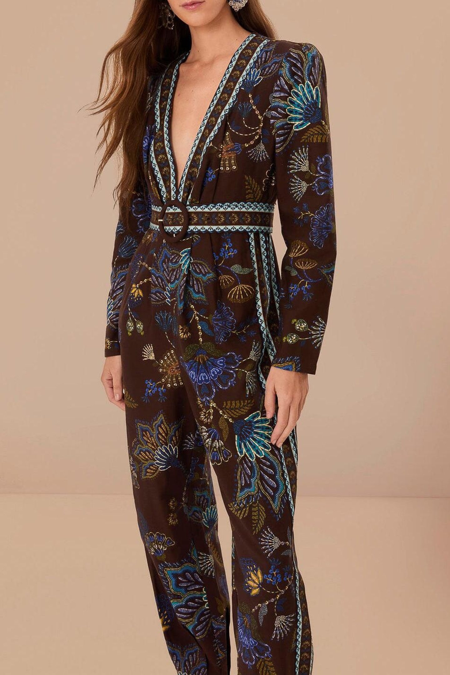 EMBROIDERED GARDEN BROWN V NECK JUMPSUIT 1