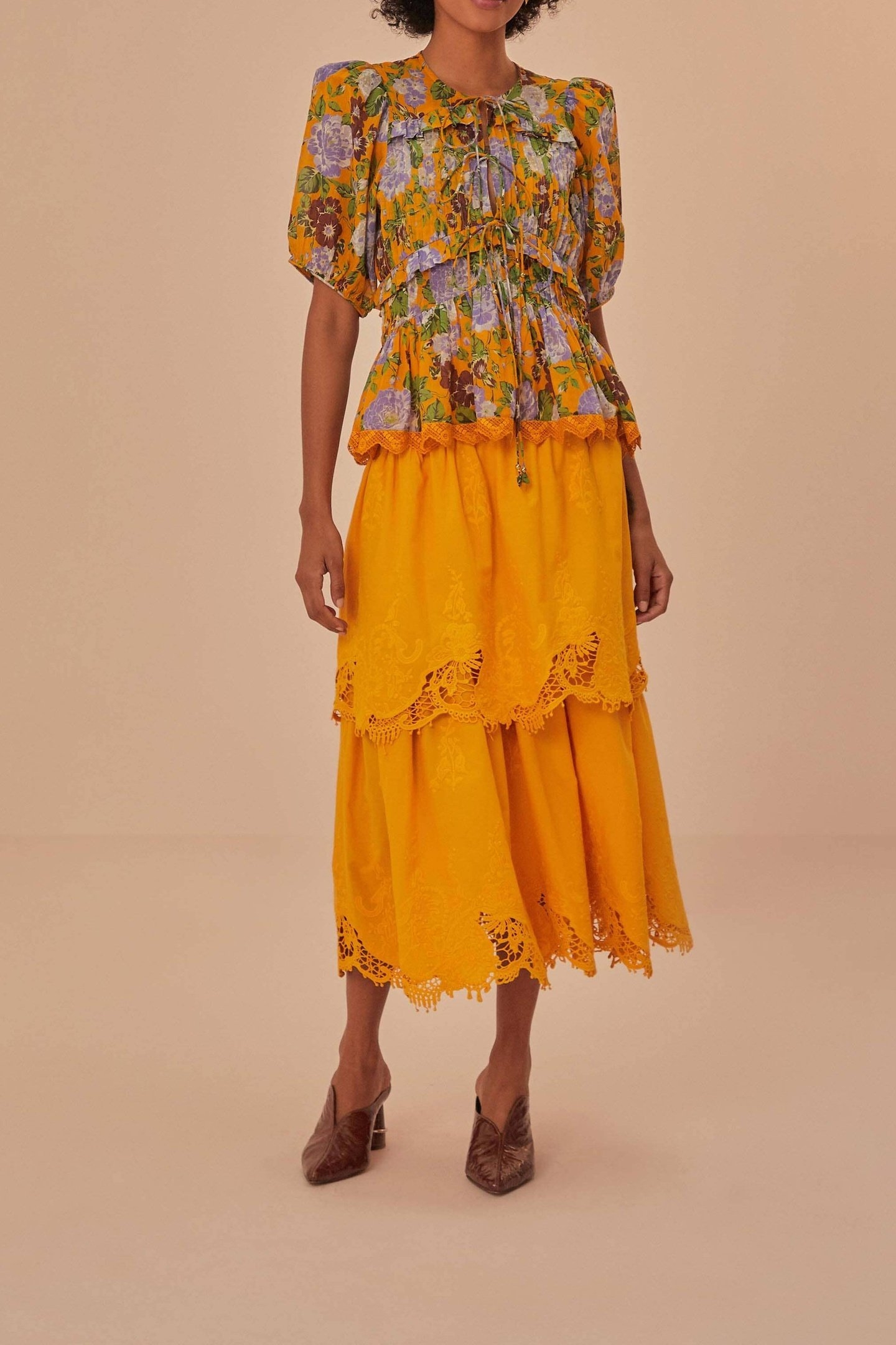 MUSTARD YELLOW TIERED LACE MIDI SKIRT 1