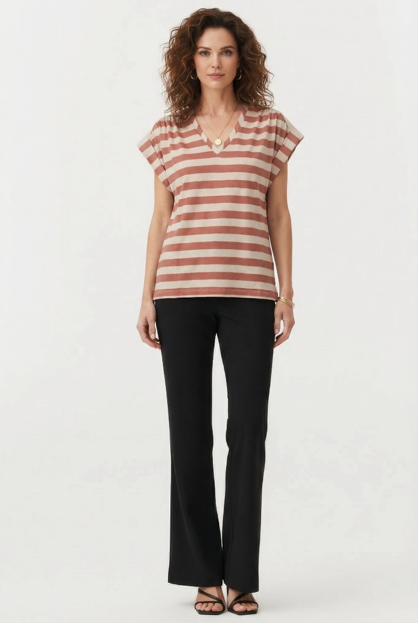 V- NECK TOP COTTON MODAL STRIPE JERSEY SEPHIA BLUSH 1
