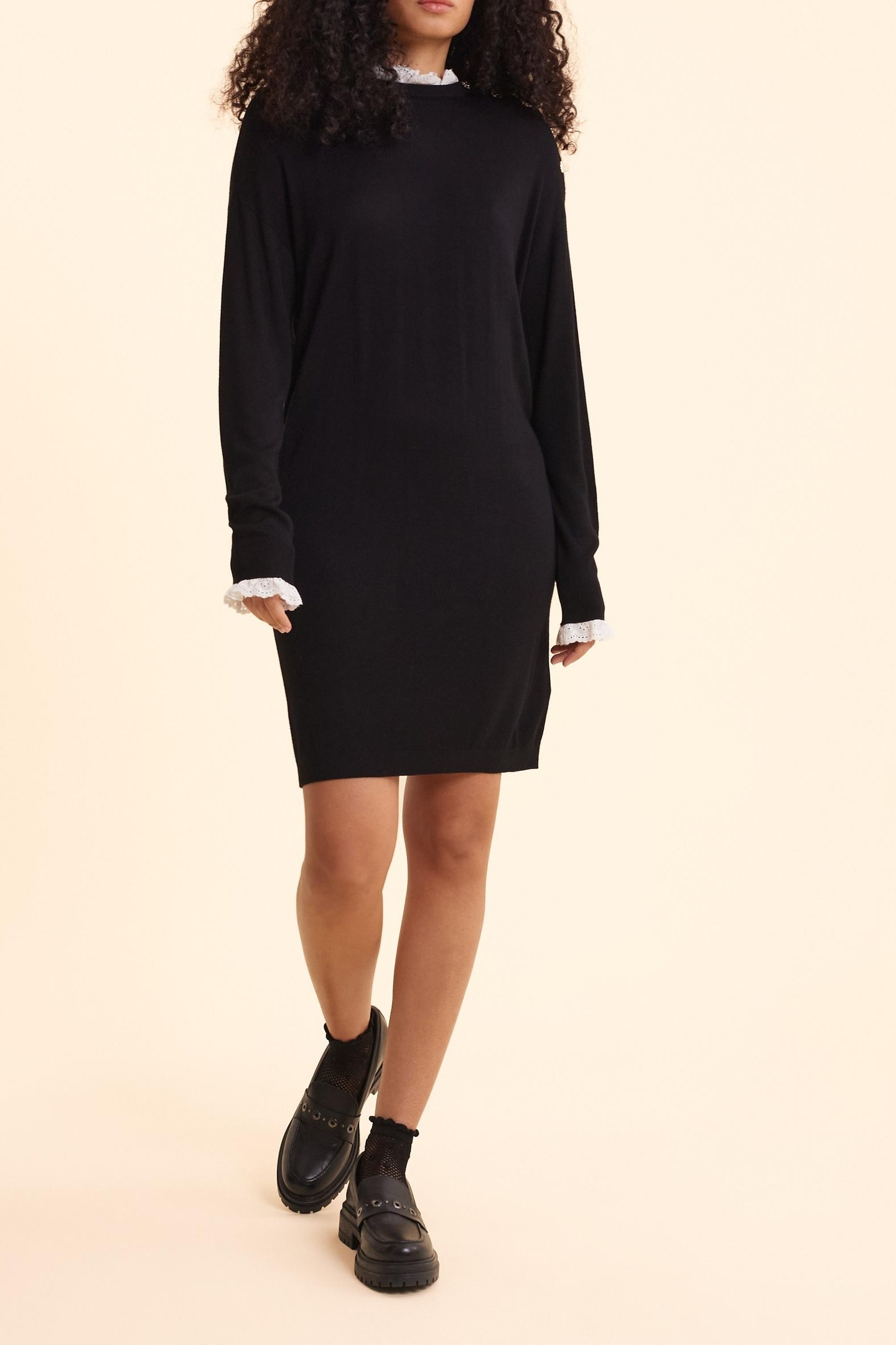 BLACK KNIT DRESS, EYELET EMBROIDERY DETAILS BLACK 3