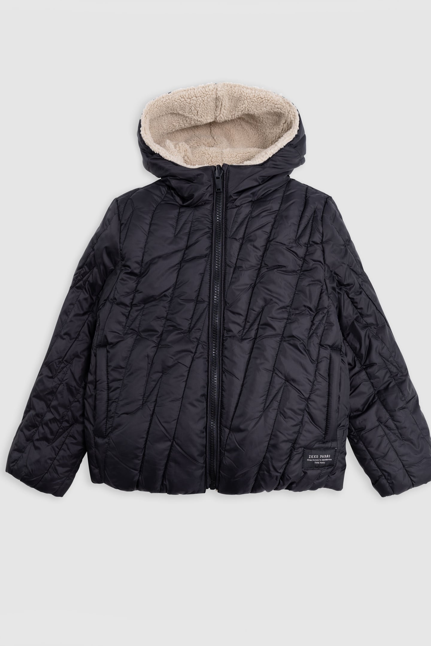 BOY'S REVERSIBLE BEIGE SHERPA AND BLACK NYLON JACKET 1
