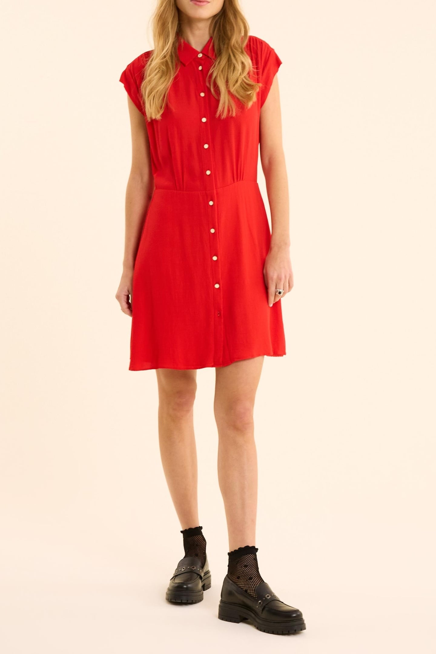 RED FLOWING SHIRT DRESS WITH BRAID DETAIL CARMINE RED 2