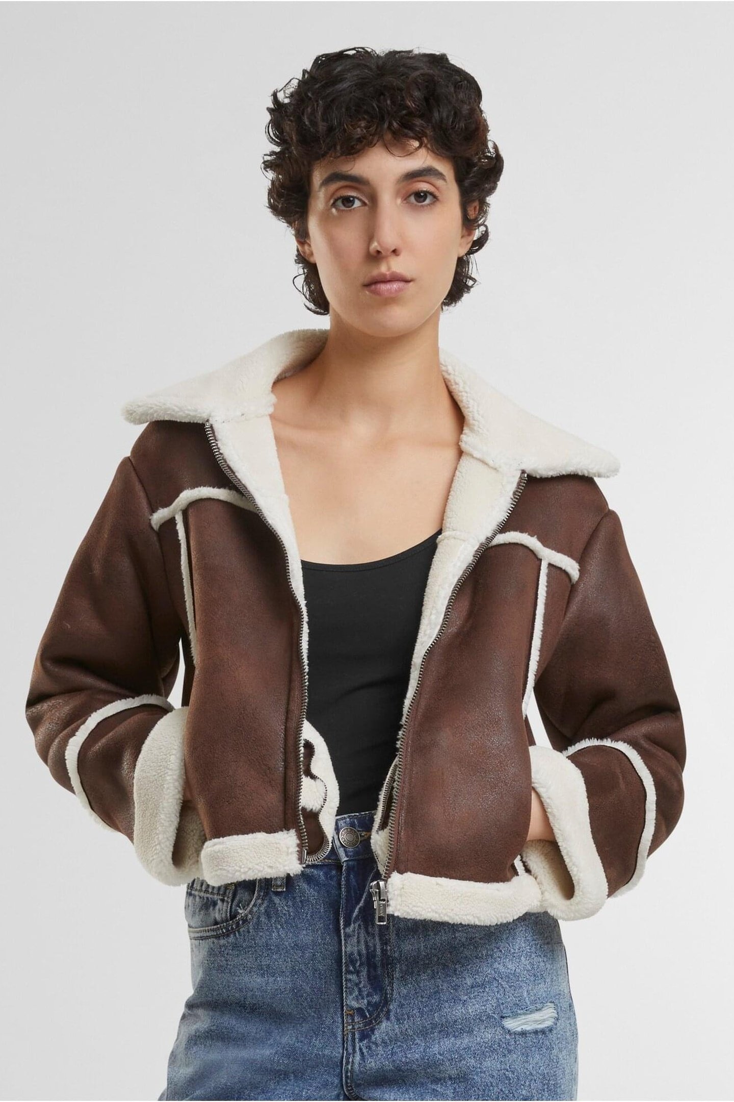 LADIES SHEARLING JACKET BROWN/WHITESAND 1