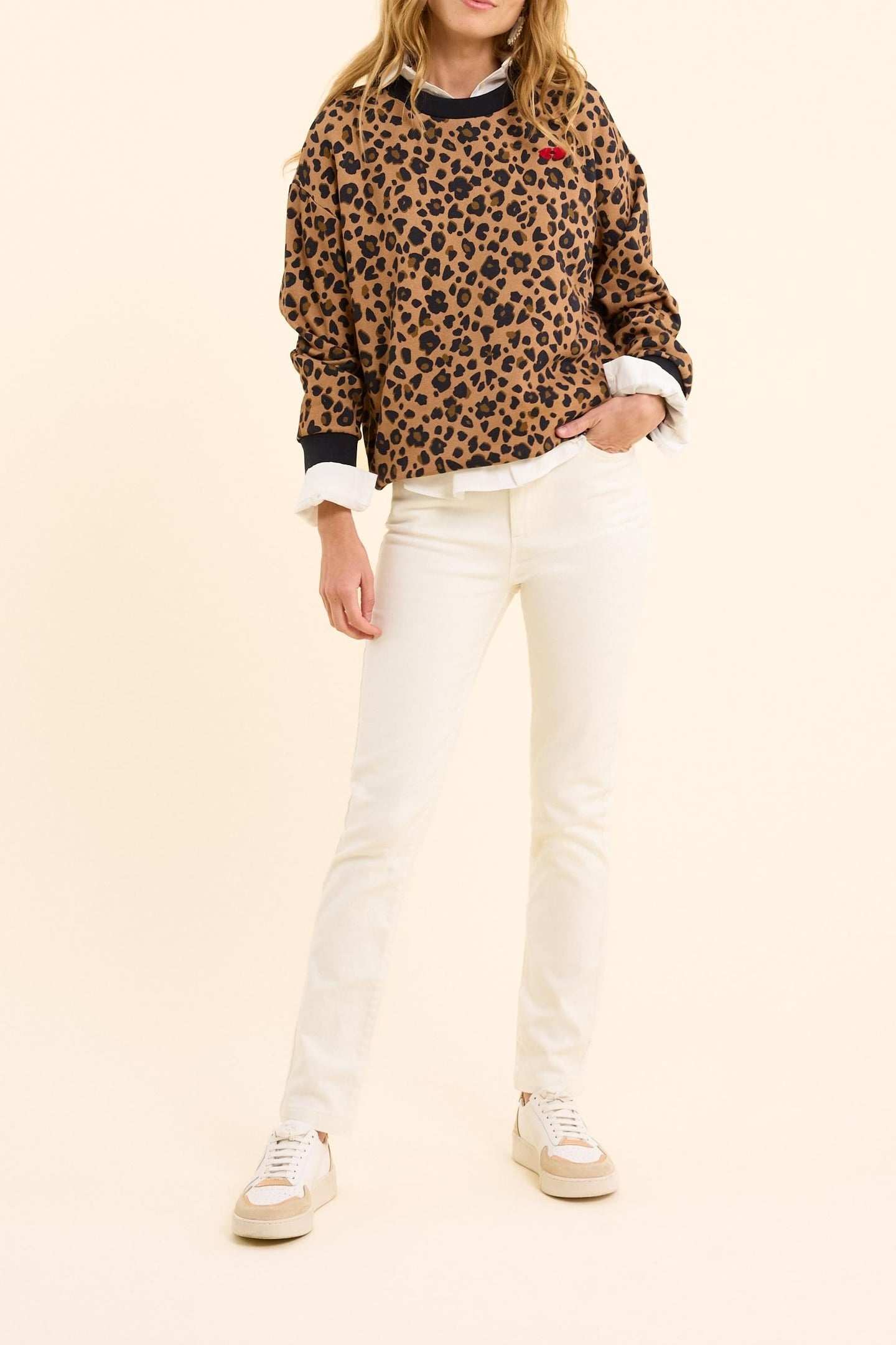 LEOPARD SWEATSHIRT WITH HEART EMBROIDERY CAMEL 1