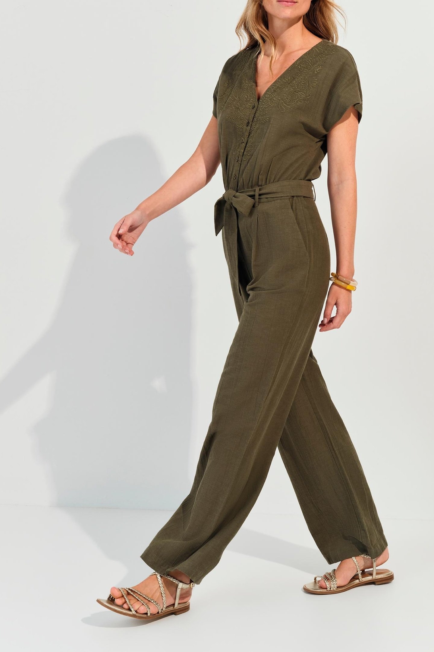 RIO - KHAKI LINEN BLEND JUMPSUIT WITH PLACED EMBROIDERY 2