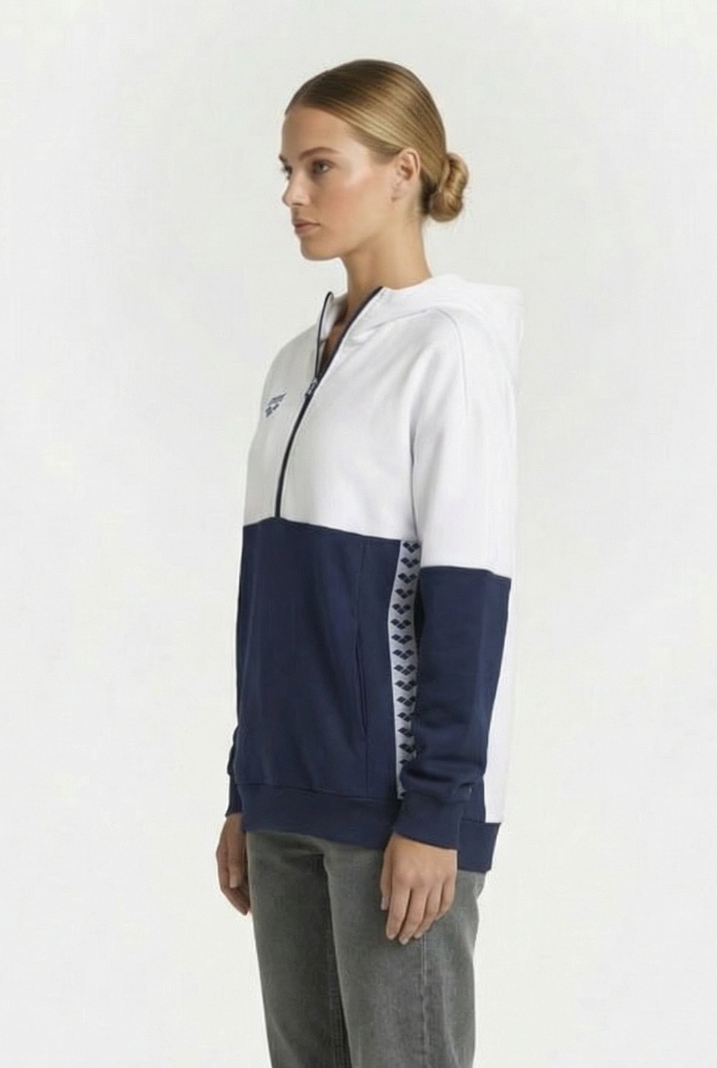UNISEX HOODED HALF ZIP PANEL SWEAT TEAM WHITE-NAVY 5