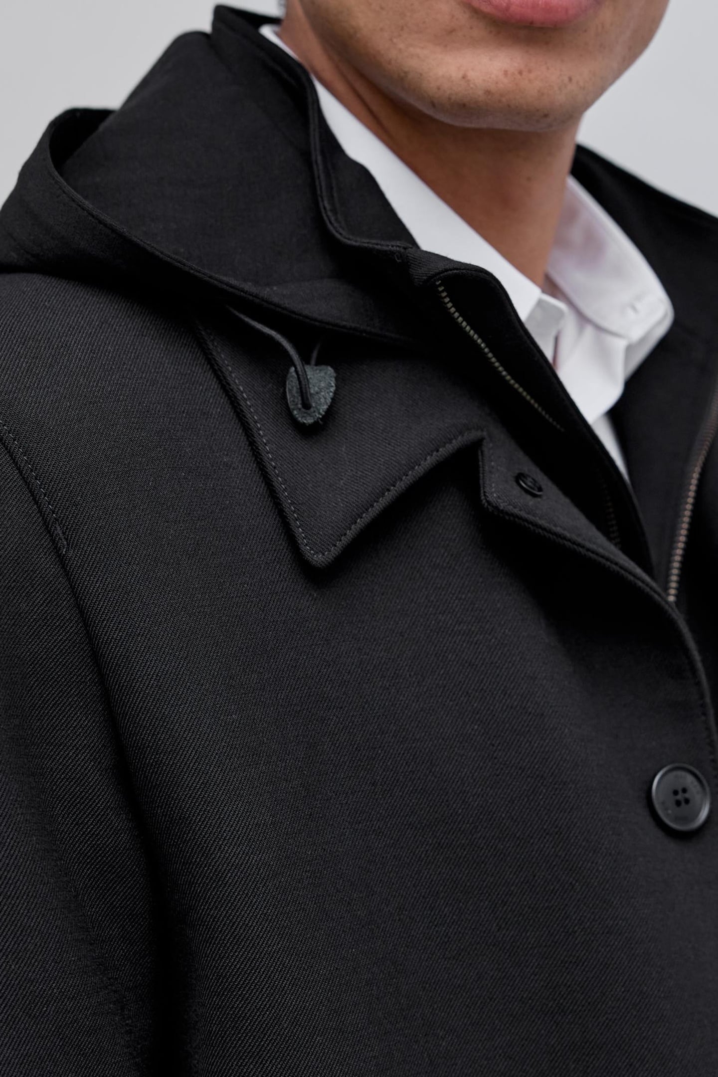 BLACK TRENCH COAT WITH DETACHABLE HOOD FACING 8