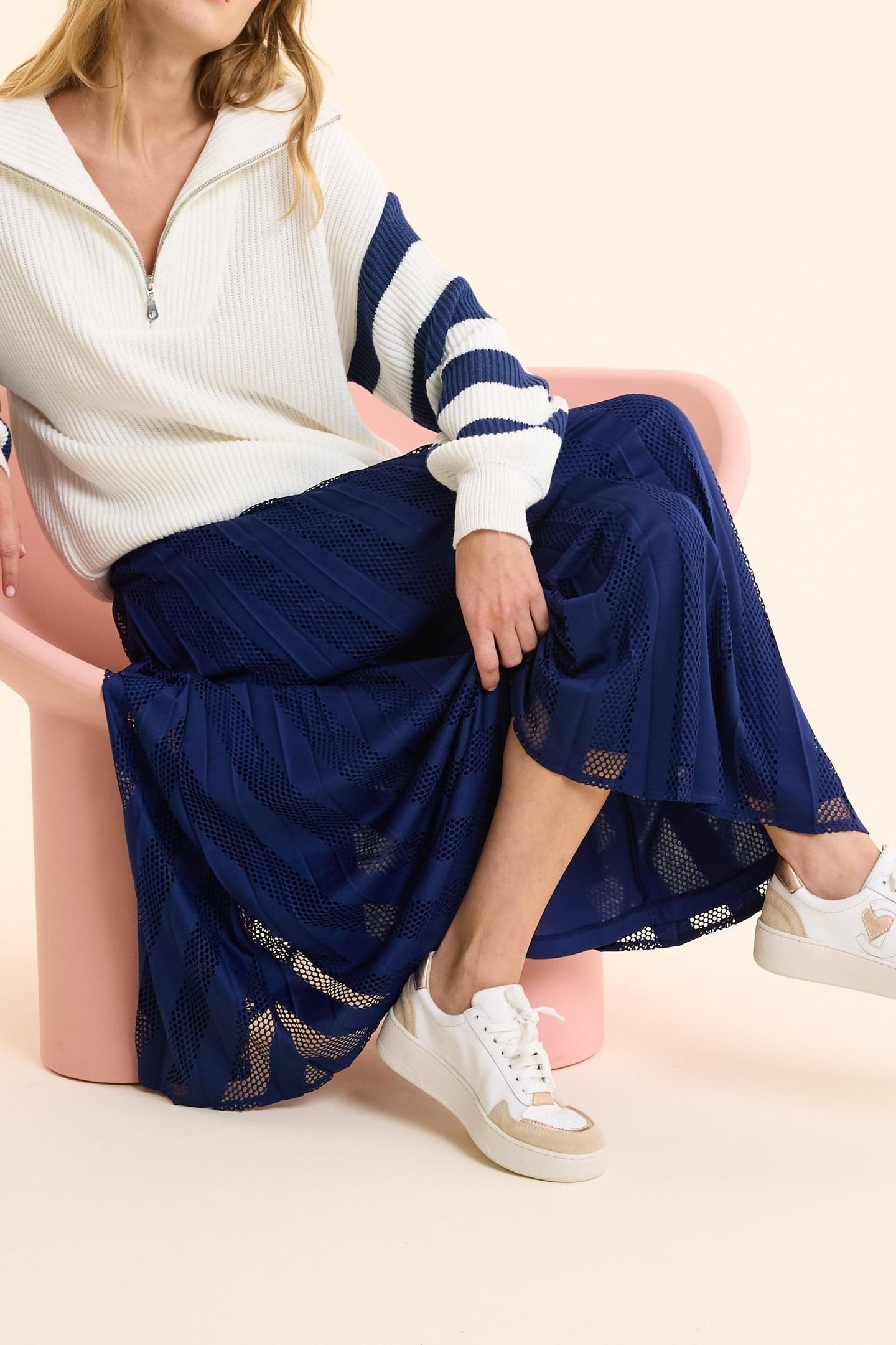 LONG INDIGO PLEATED SKIRT WITH OPENWORK STRIPES INDIGO 8