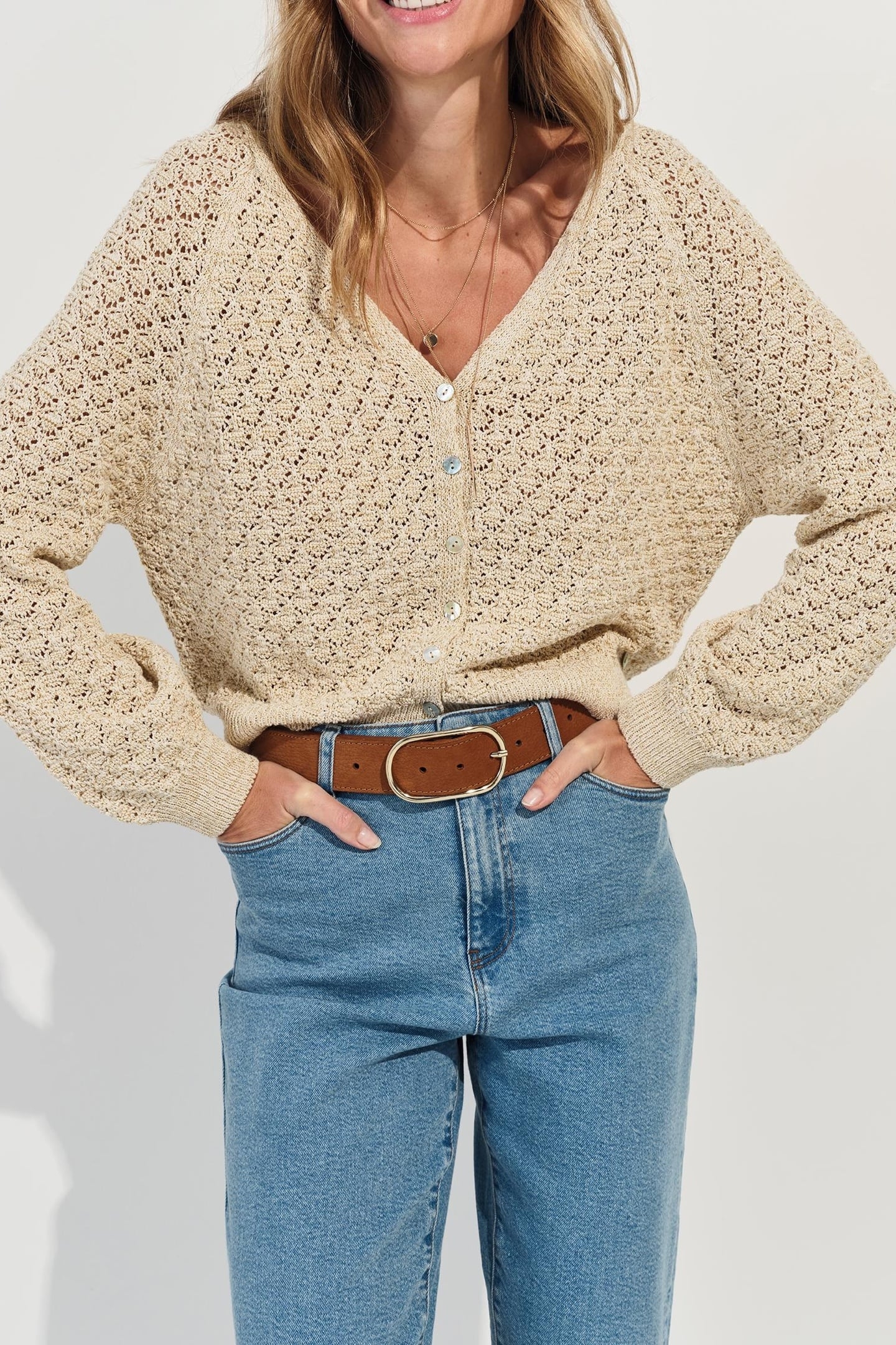 TOMAS - FANCY LUREX LUREX KNIT GOLDEN BEIGE CARDIGAN 1