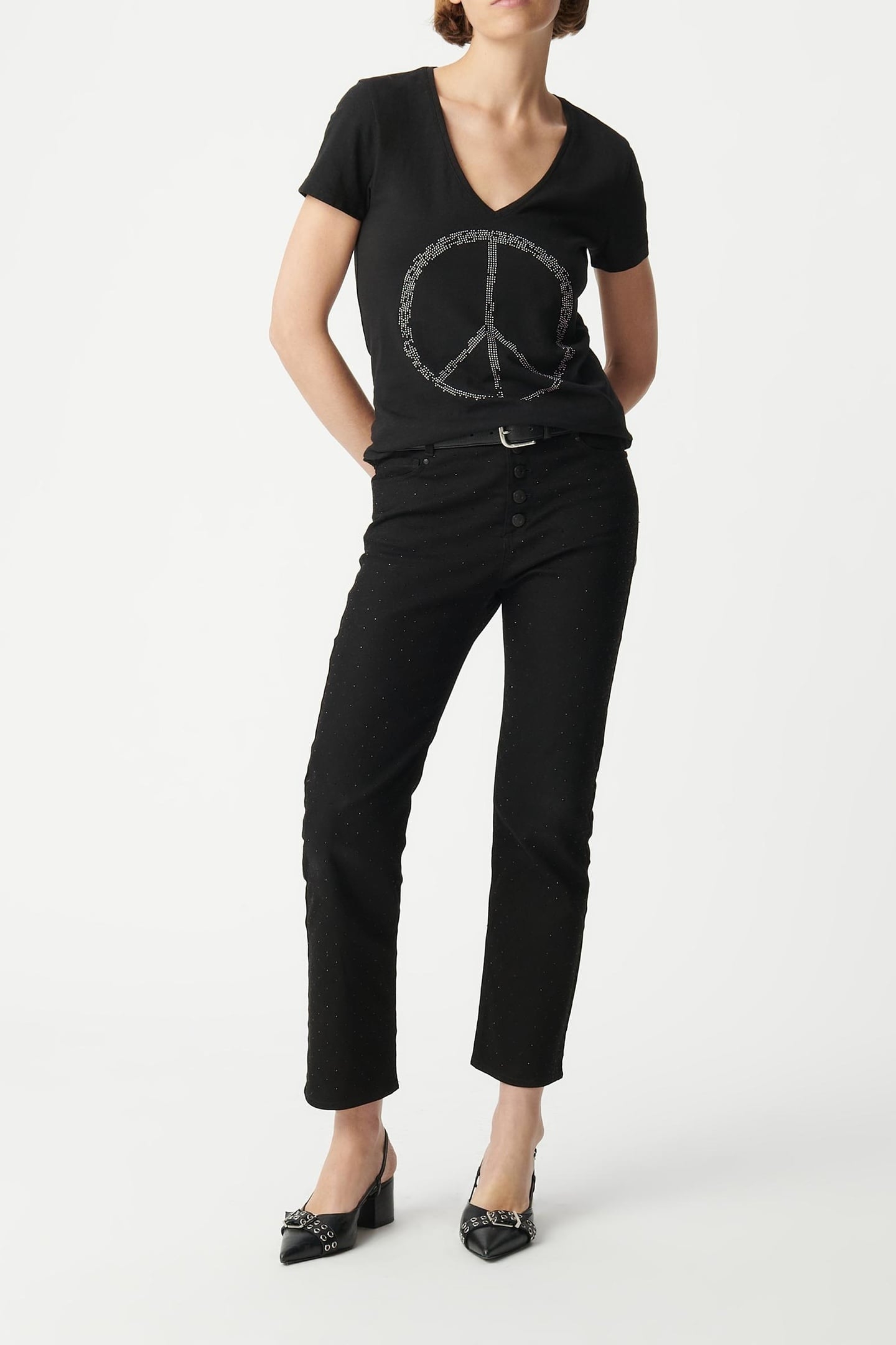 BLACK ORGANIC COTTON PEACE AND LOVE STUDDED TEE-SHIRT 1