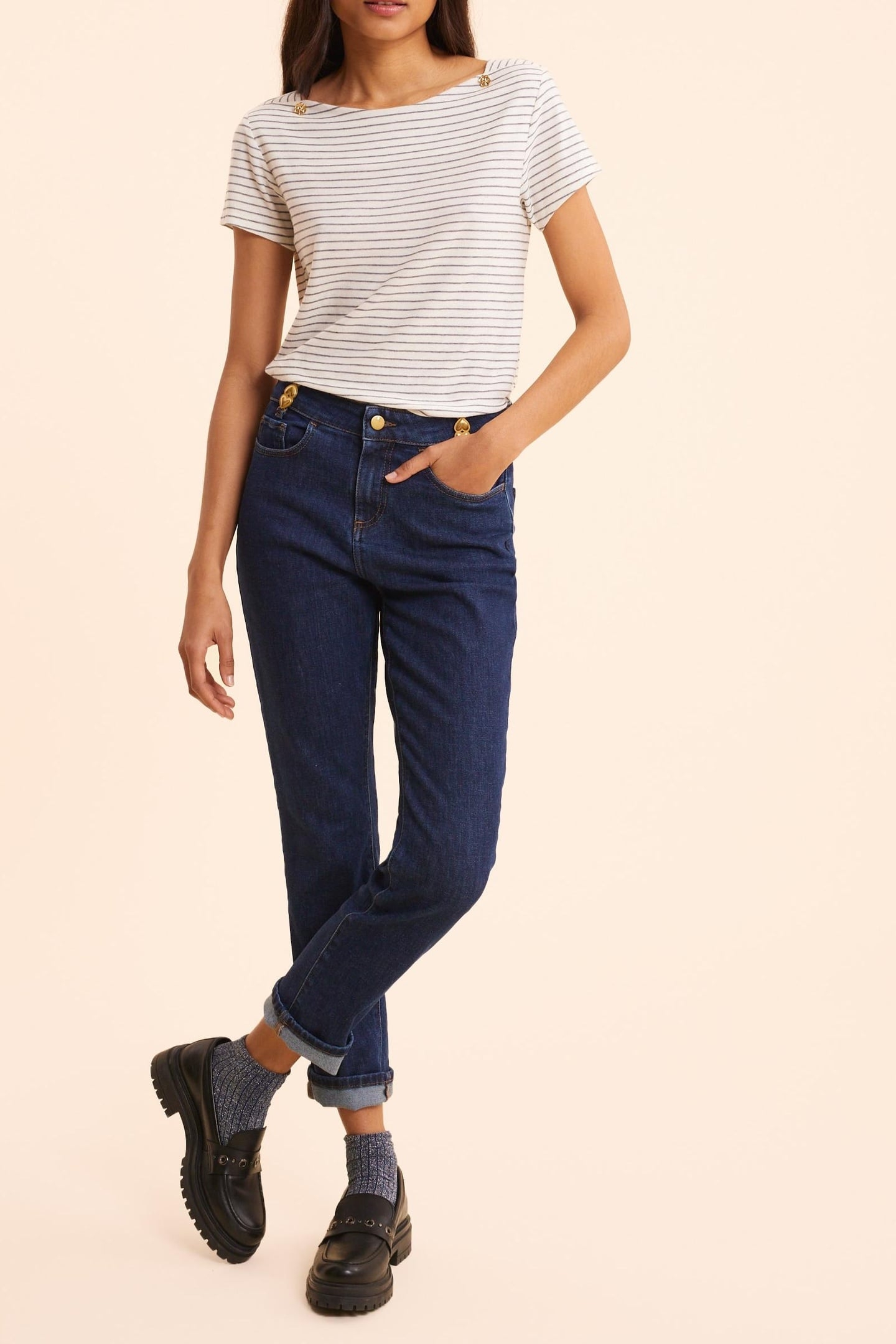 BLUE STRAIGHT JEANS WITH METAL DOUBLE HEART LOOPS DARK BLUE 3