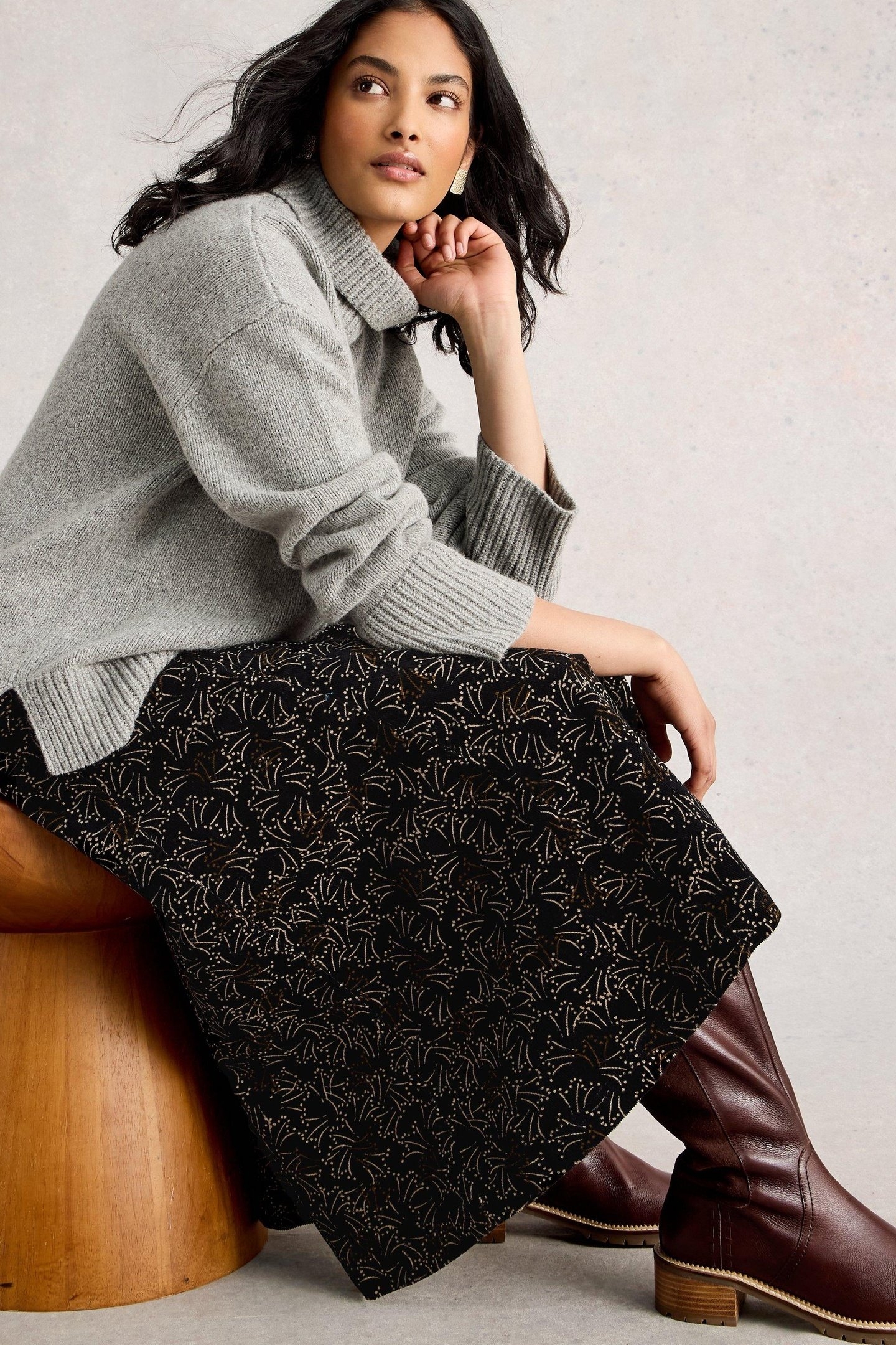 QUINN CORD MIDI SKIRT BLACK PRINT 4