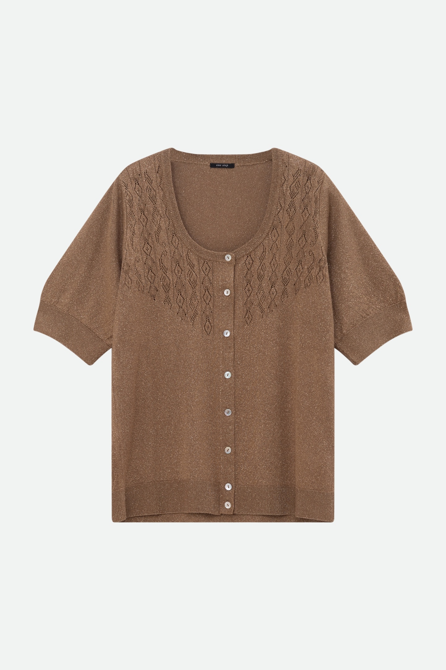 TERENOS - FANCY LUREX KNIT BROWN SHORT-SLEEVED CARDIGAN 5