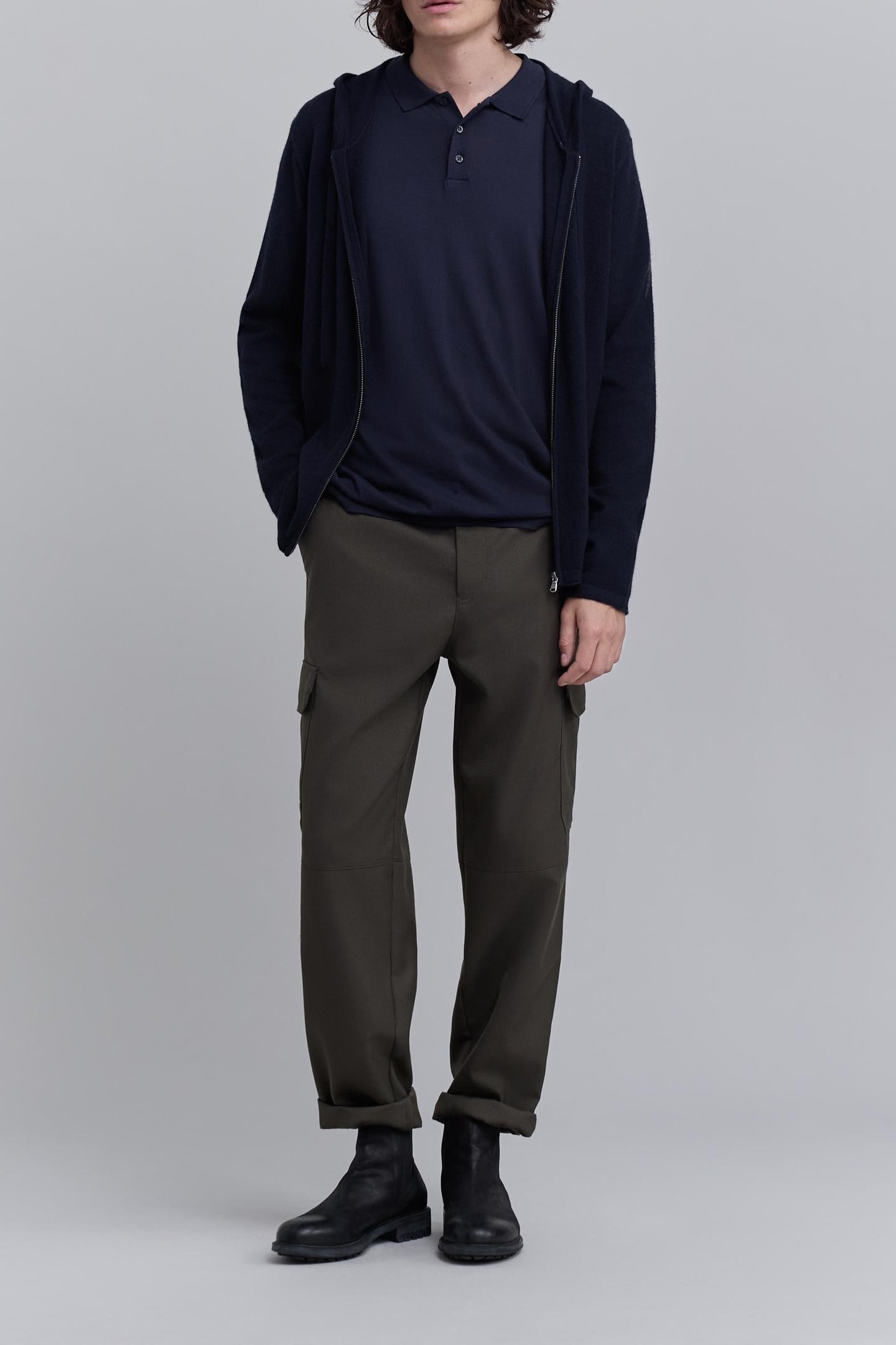 NAVY PURE CASHMERE ZIPPED HOODED CARDIGAN 1