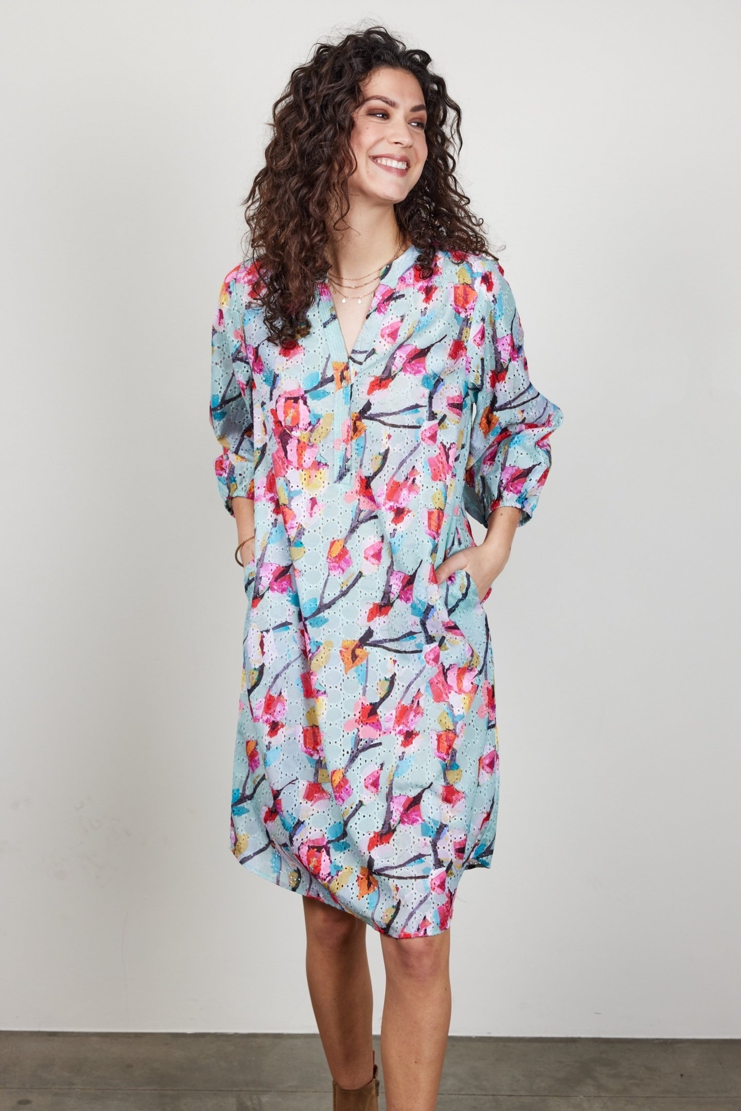 DRESS SYDNEY IN GREEN WITH PINK BLOSSOM PRINT 3