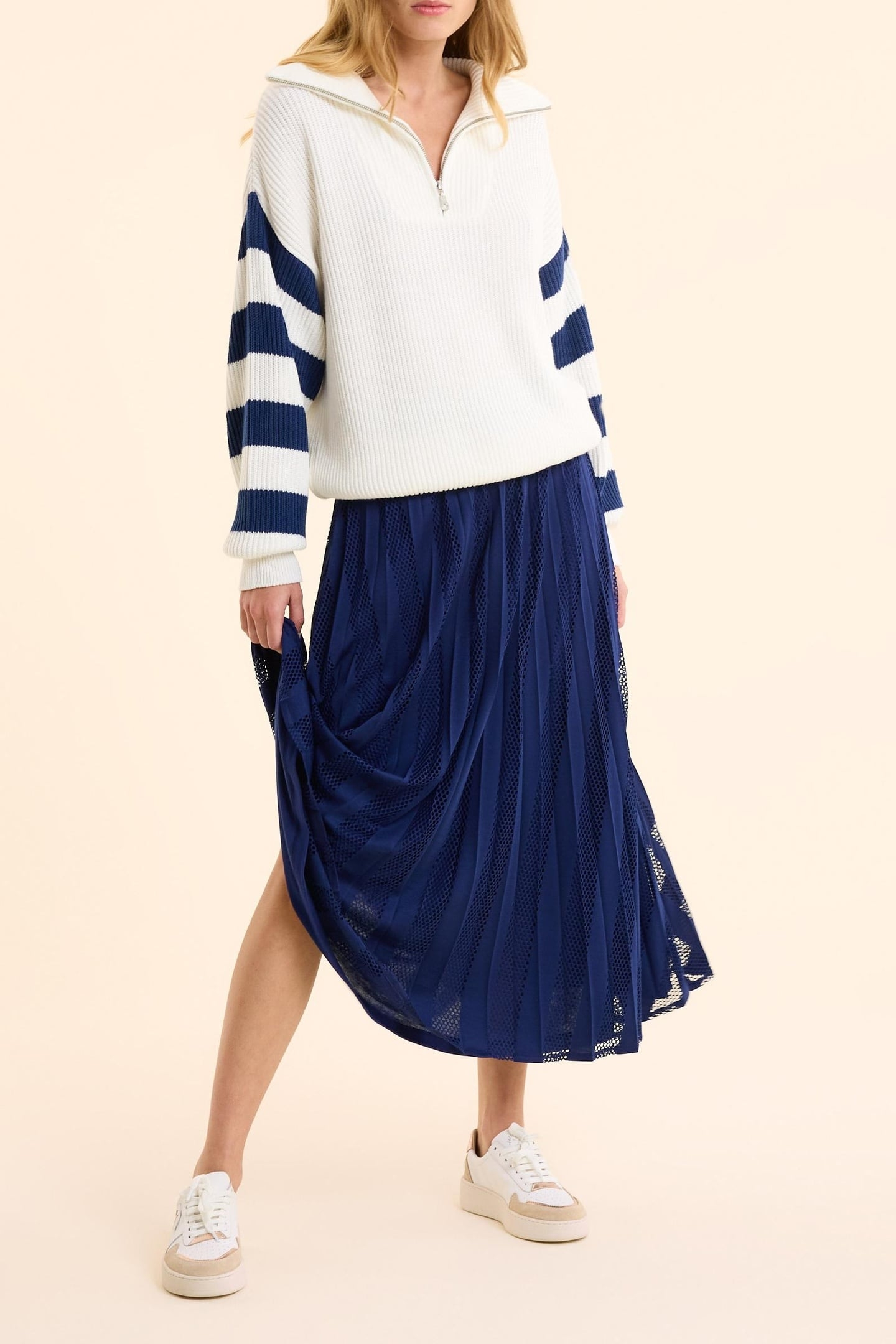 LONG INDIGO PLEATED SKIRT WITH OPENWORK STRIPES INDIGO 1