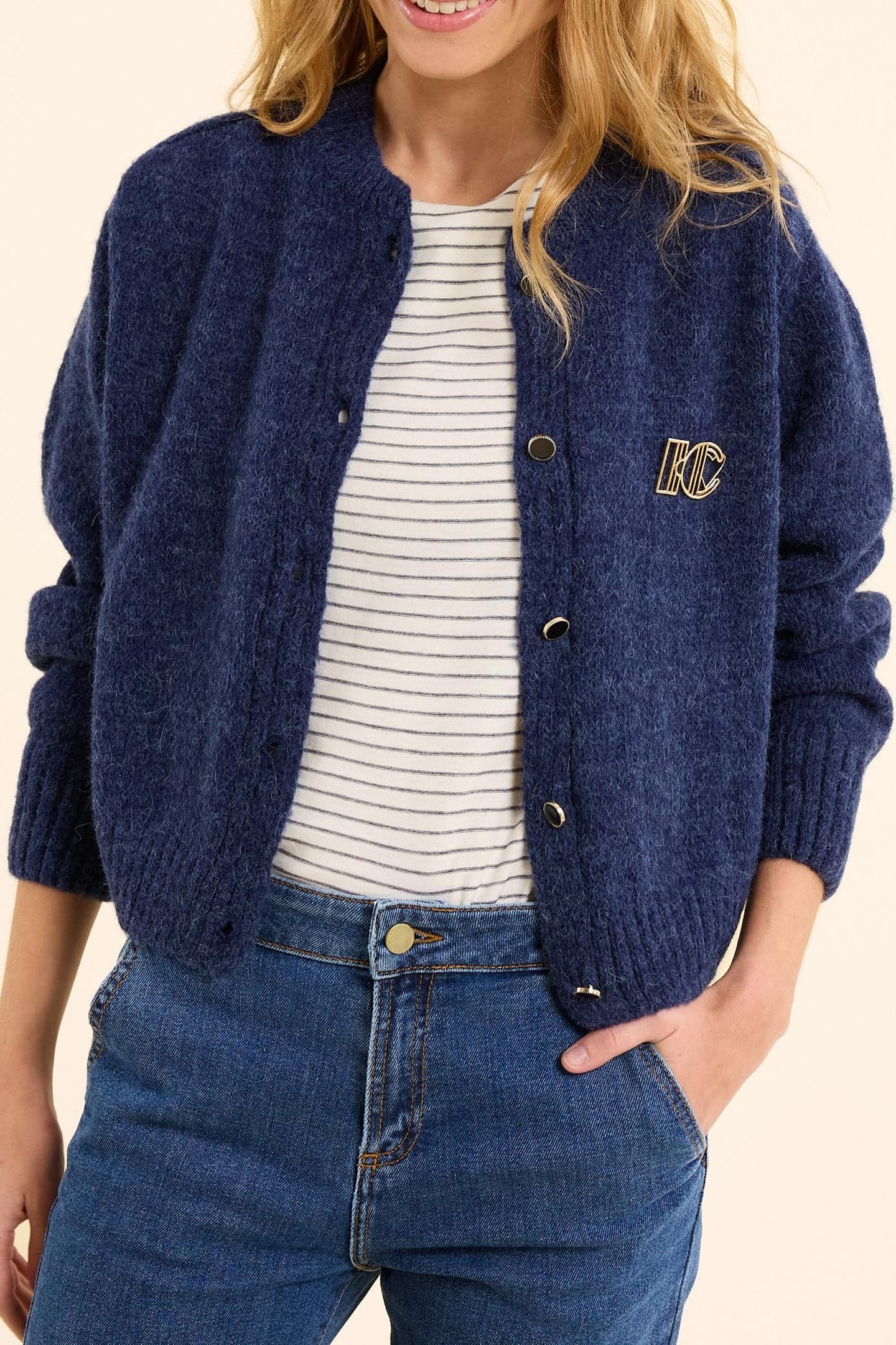 NAVY KNIT CARDIGAN WITH REMOVABLE BROOCH MARINE 1