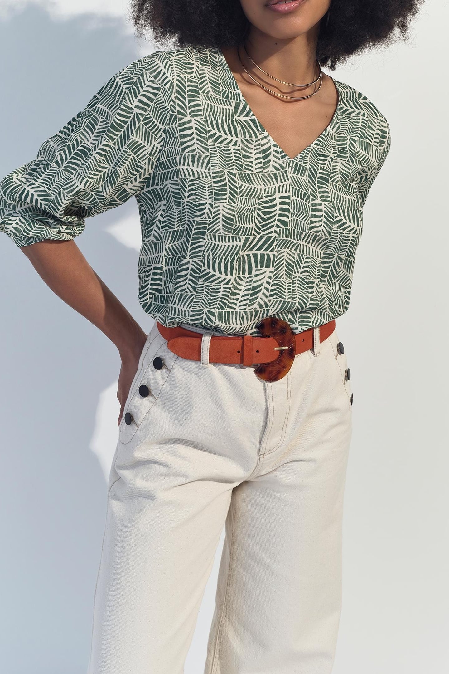 CASSIA - GREEN BLOUSE WITH TROPICAL CHIC PRINT 1