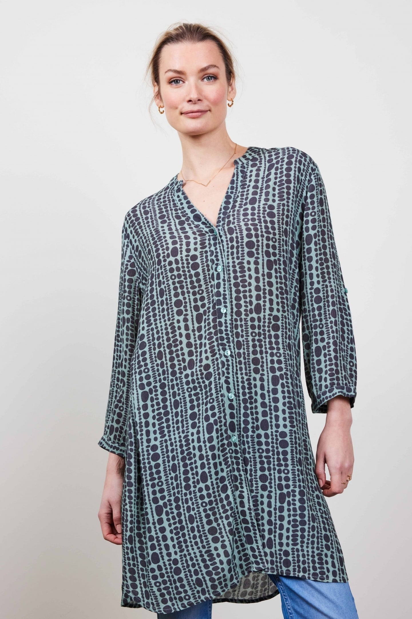 TUNIC CHILL IN GRANITE GREEN WITH DOTS IN A ROW PRINT 3