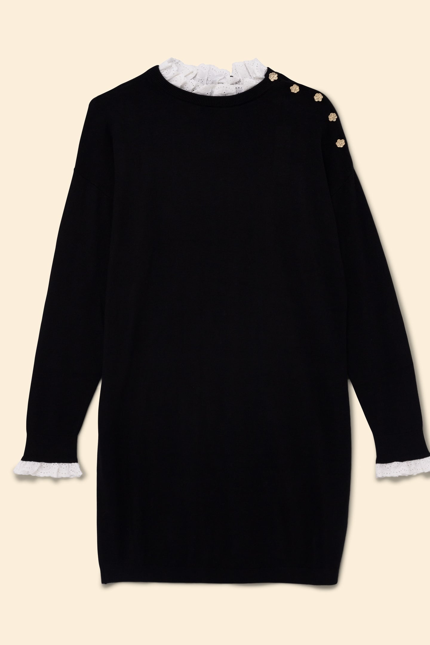 BLACK KNIT DRESS, EYELET EMBROIDERY DETAILS BLACK 5