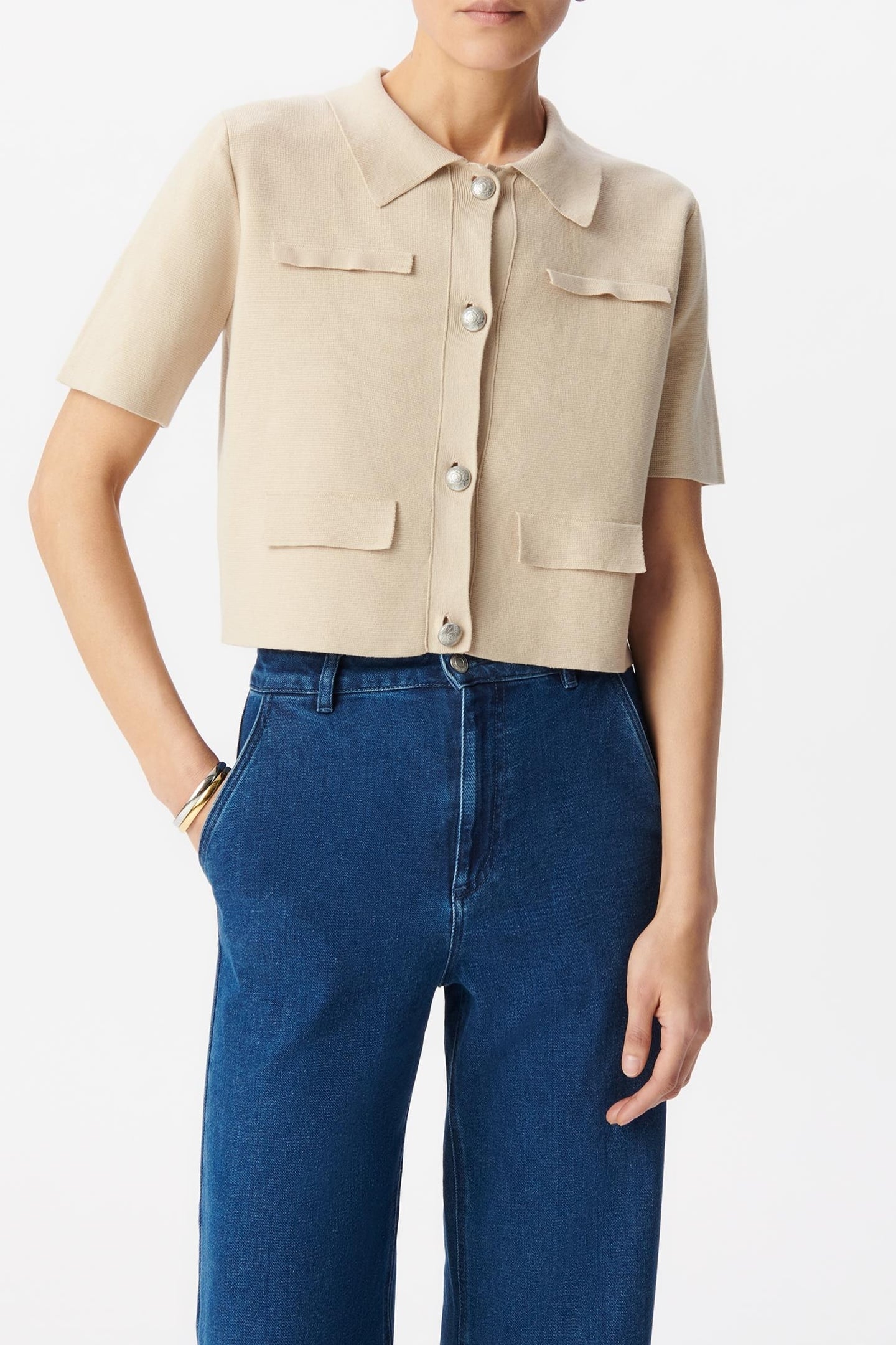 SHORT BEIGE KNITTED CARDIGAN WITH ENGRAVED BUTTONS 2