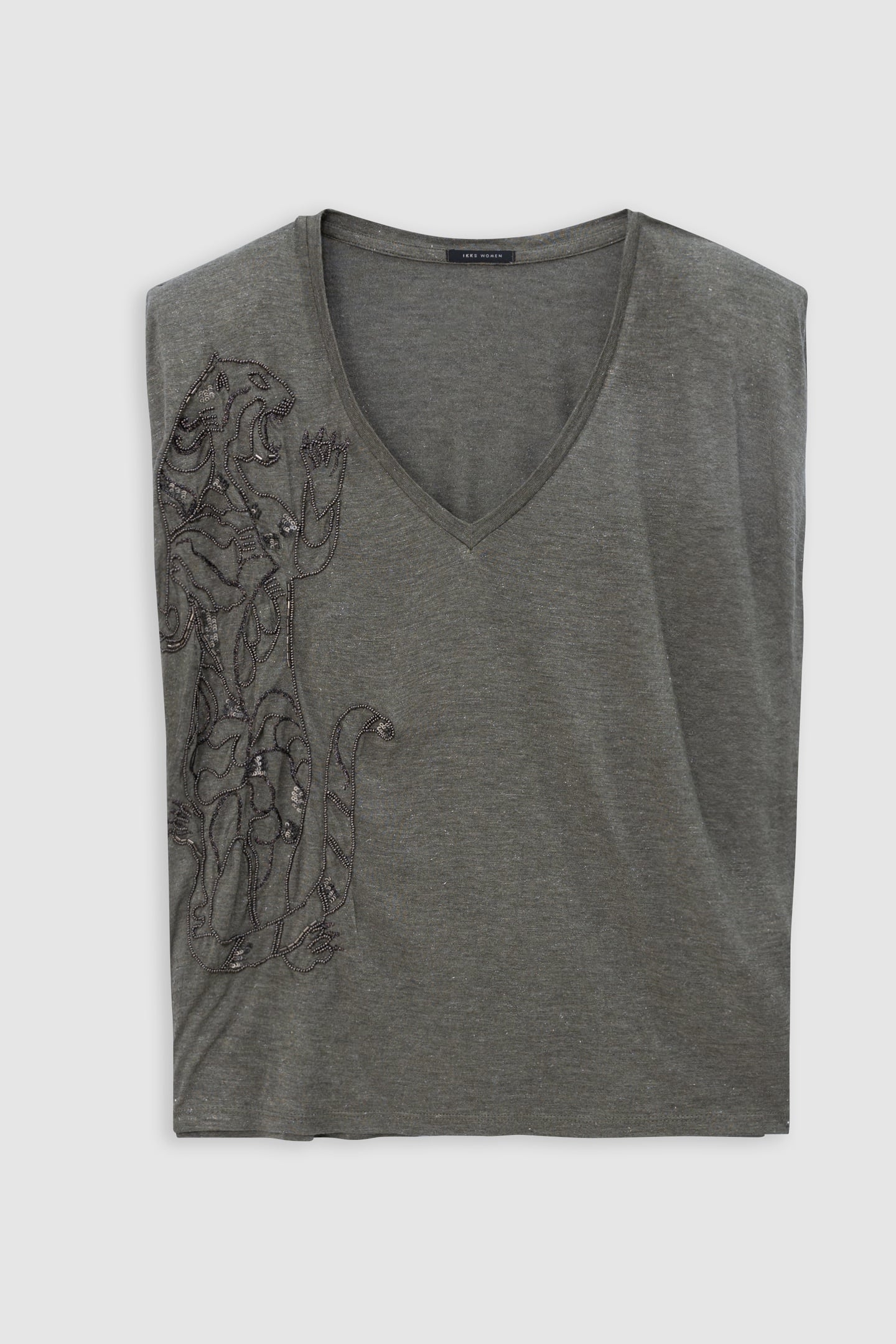 KHAKI V-NECK T-SHIRT WITH TIGER EMBROIDERY 4