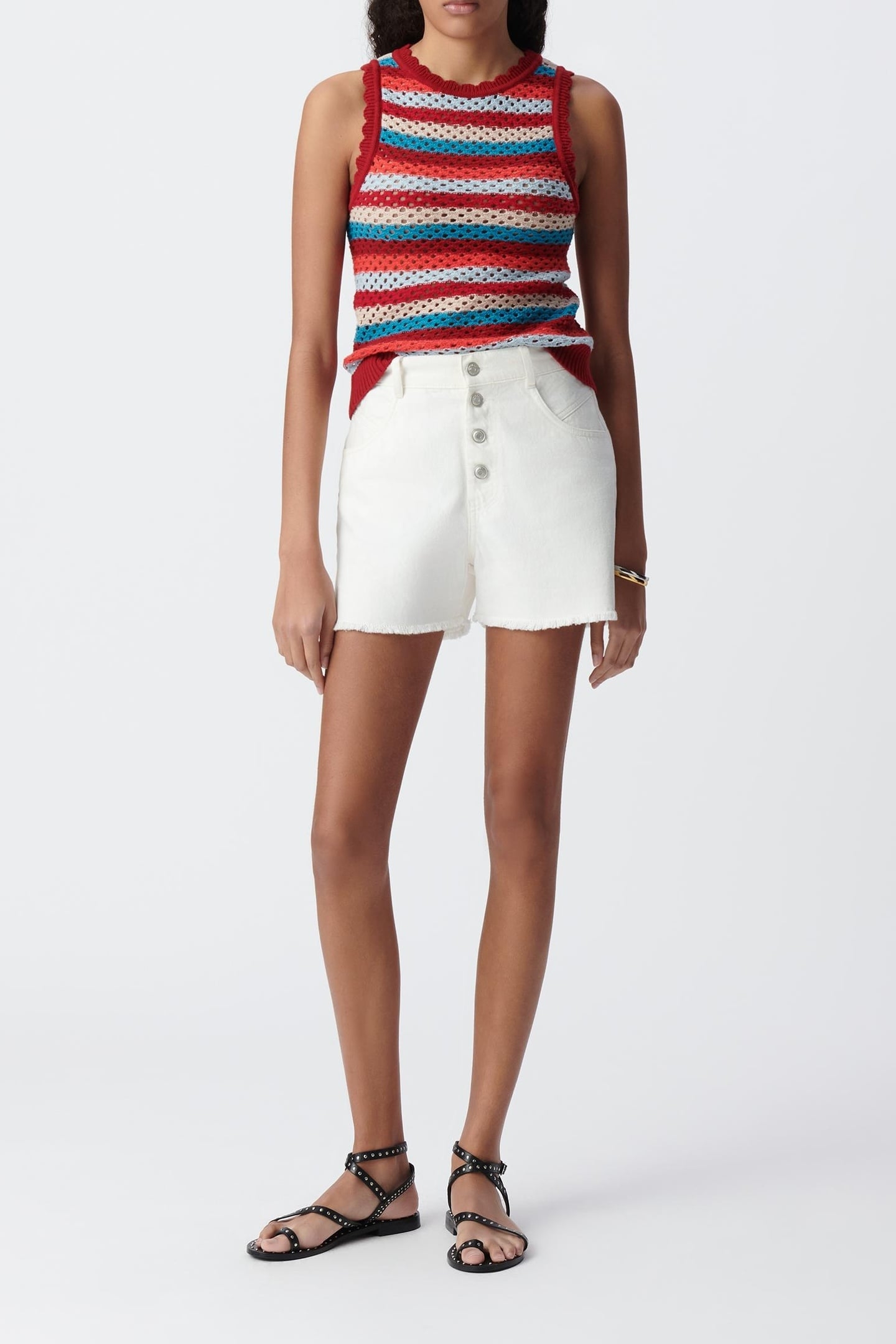 RED OPENWORK KNIT TOP, STRIPES PATTERN 1