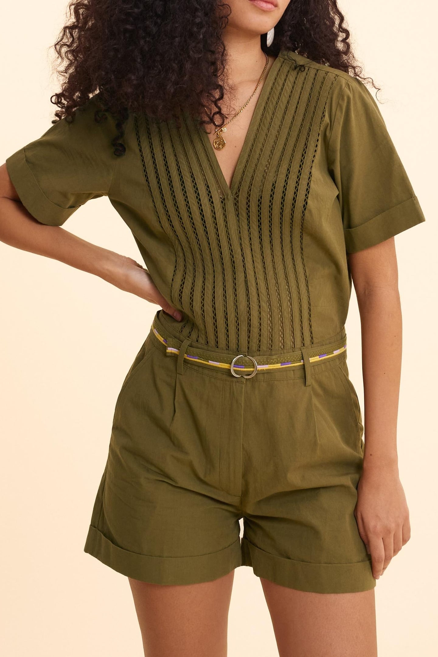 KHAKI PLAYSUIT WITH EMBROIDERED BELT KHAKI 1