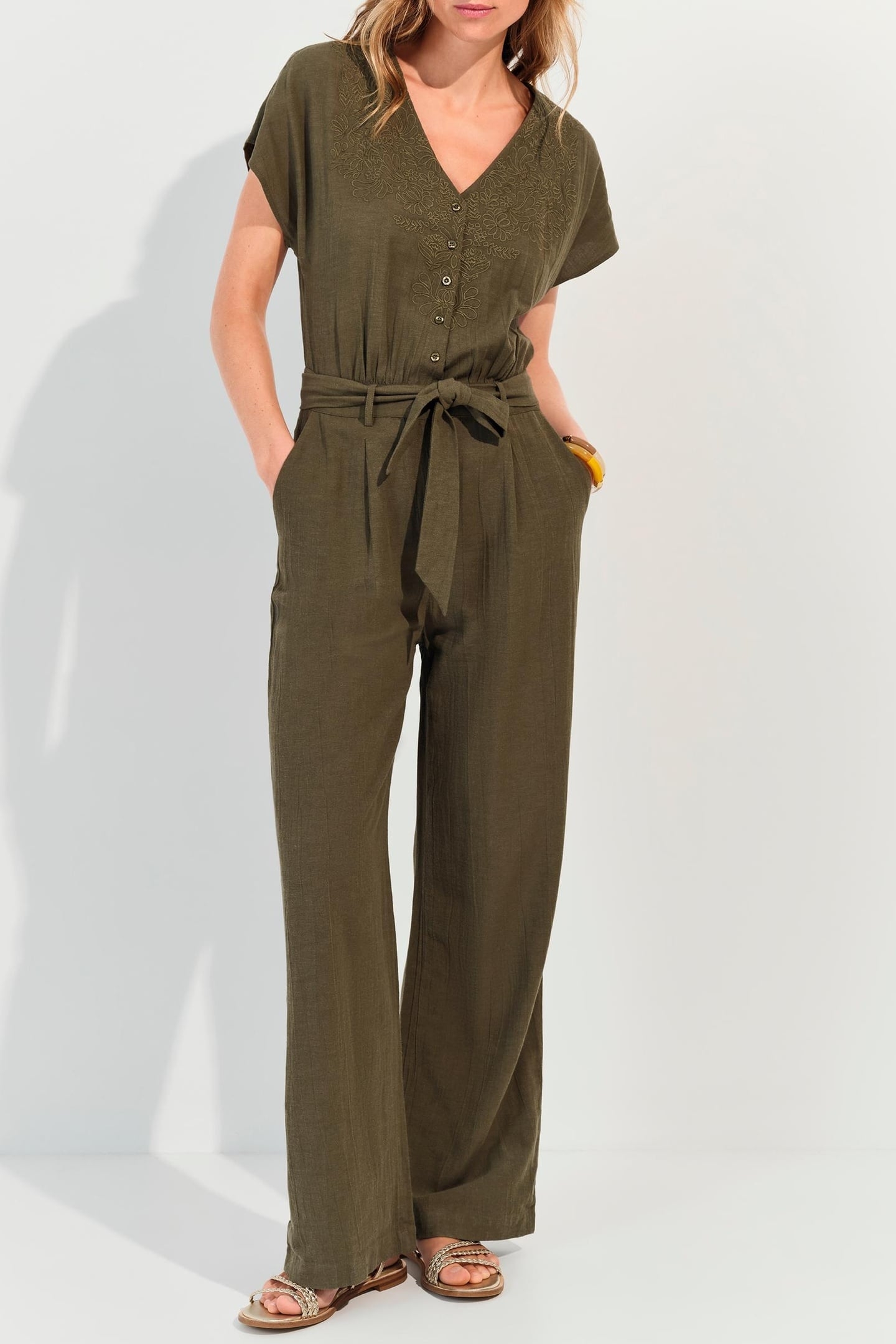 RIO - KHAKI LINEN BLEND JUMPSUIT WITH PLACED EMBROIDERY 3