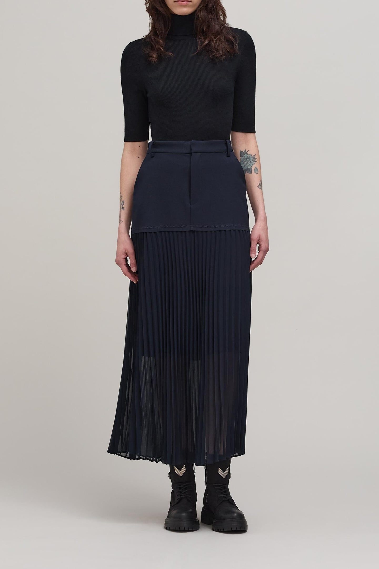 NAVY BI-MATERIAL LONG SKIRT 3