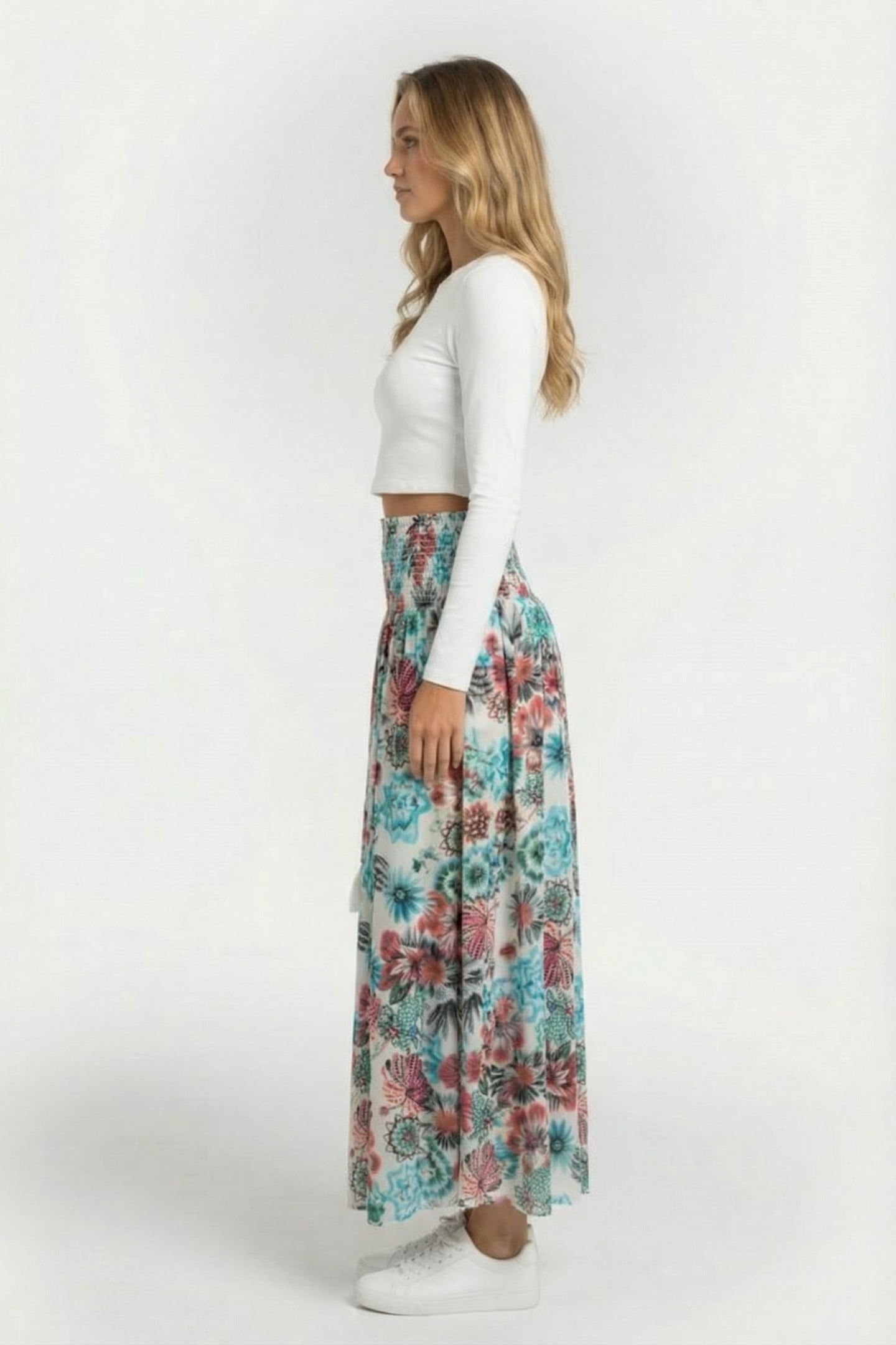 SMOCKED SKIRT MAGIC IN OFFWHITE WITH FLORAL MEDLEY PRINT 3