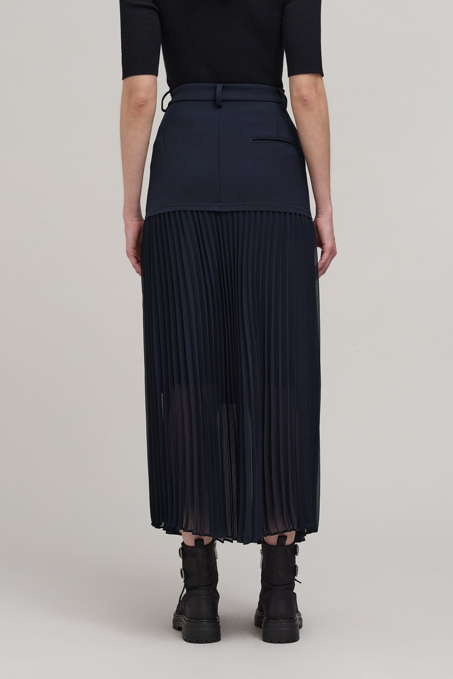 NAVY BI-MATERIAL LONG SKIRT 4
