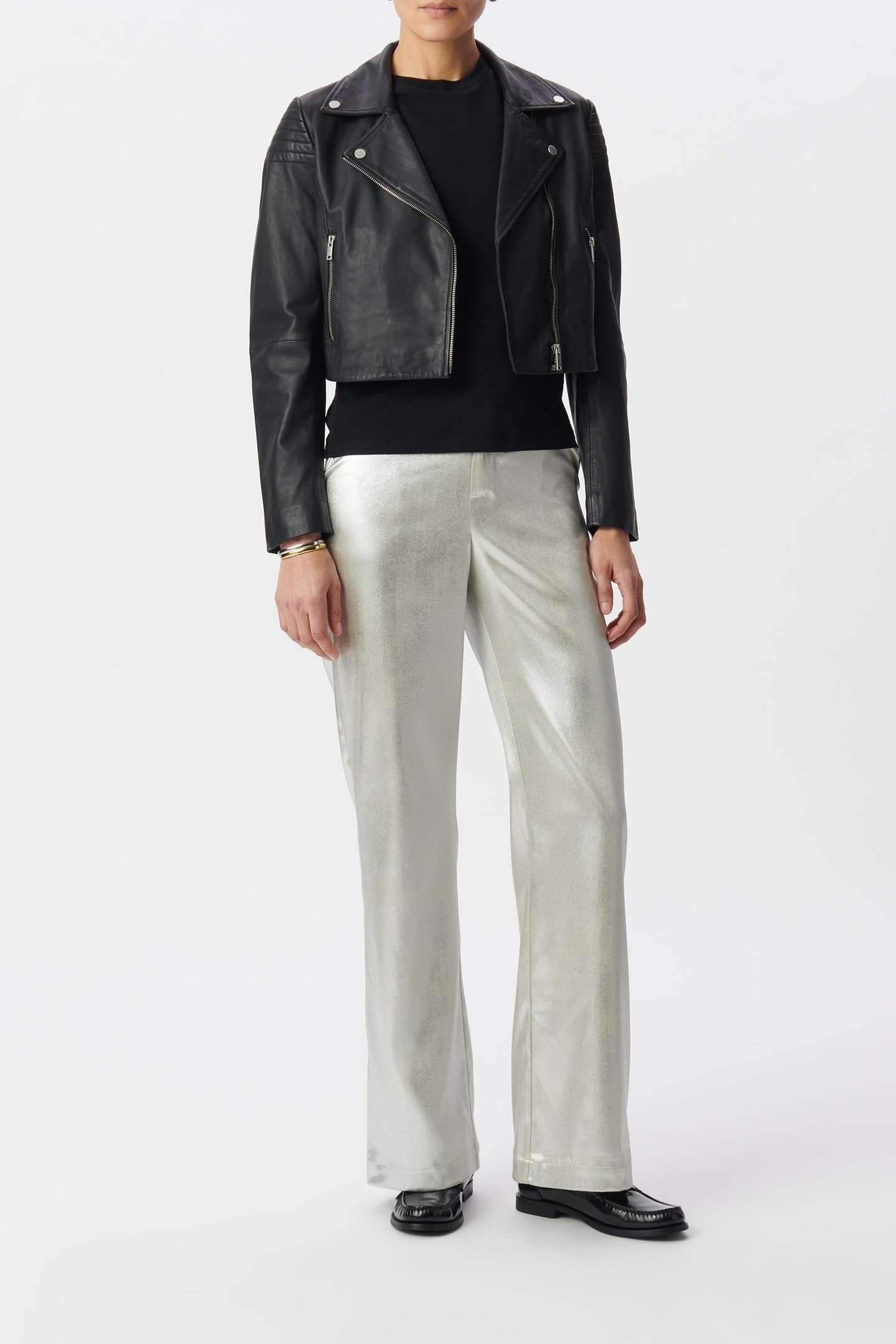 COATED SILVER FLARE SUIT PANTS 1