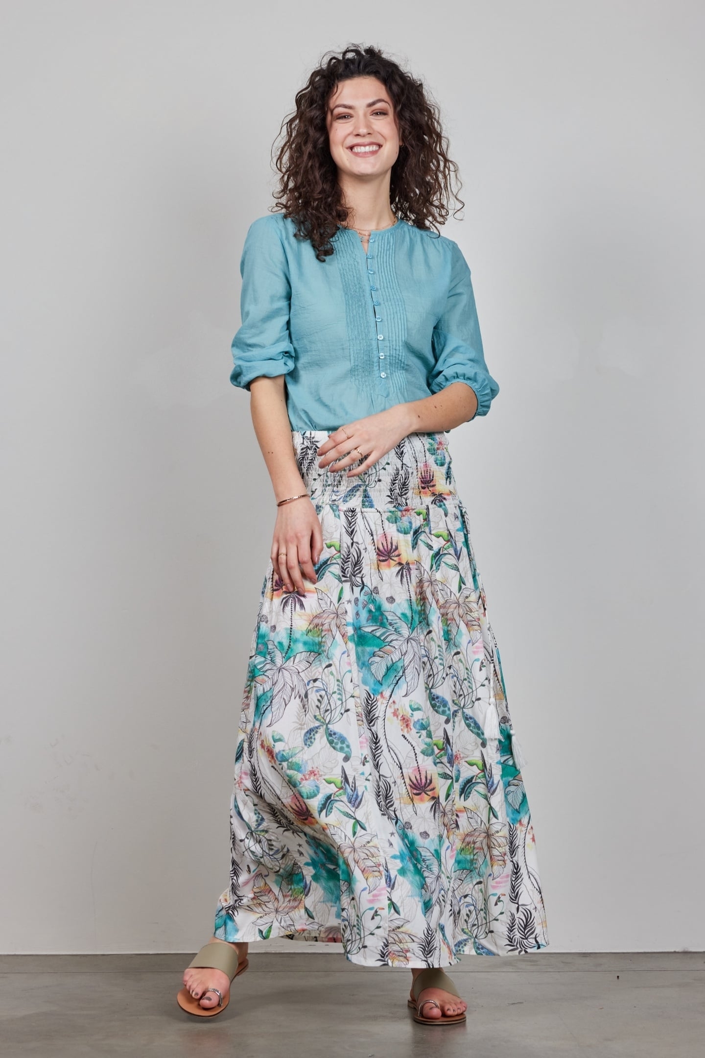 SMOCKED SKIRT MAGIC IN OFFWHITE WITH PALM FESTIVAL PRINT 1