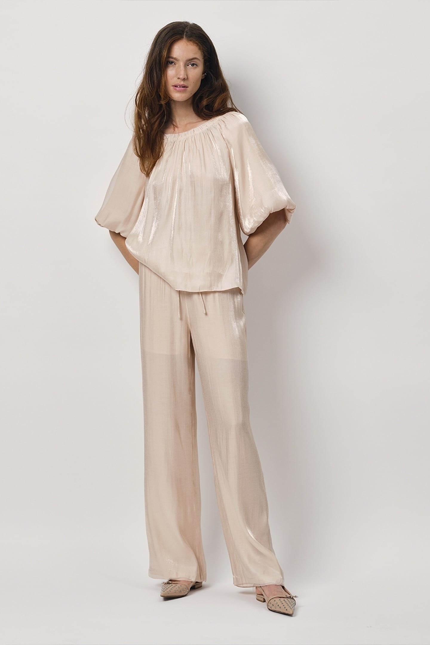 SOIR SHIMMER WIDE LEG PANTS PEACH FUZZ 1