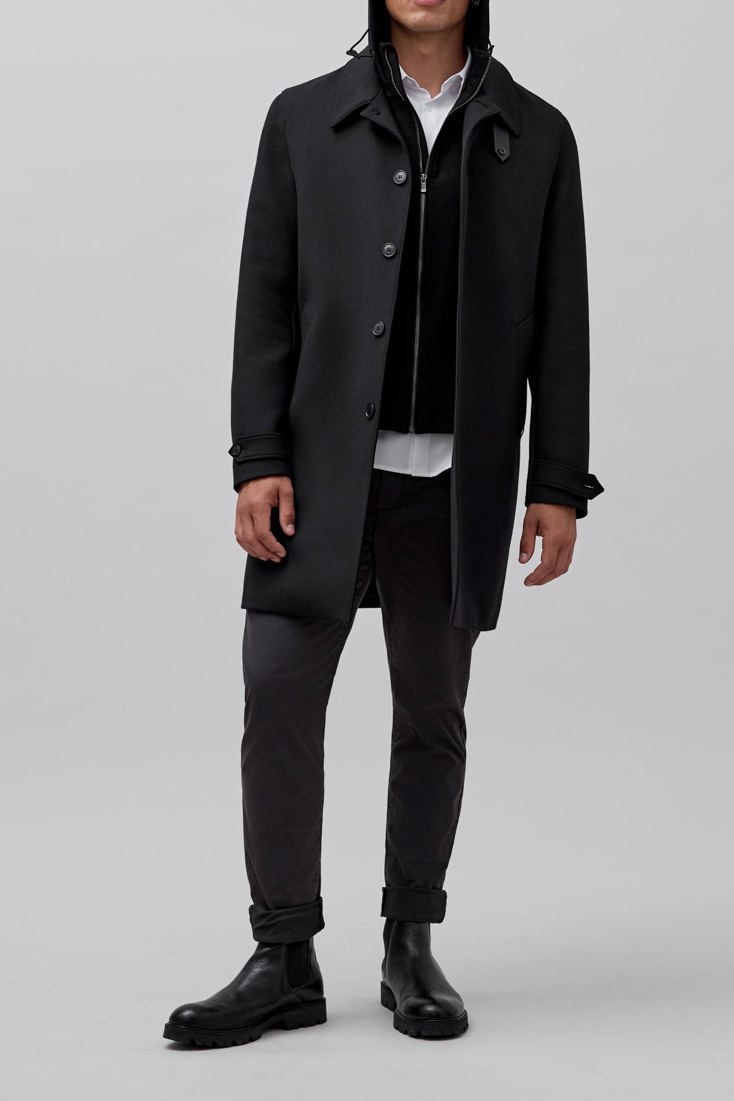 BLACK TRENCH COAT WITH DETACHABLE HOOD FACING 4