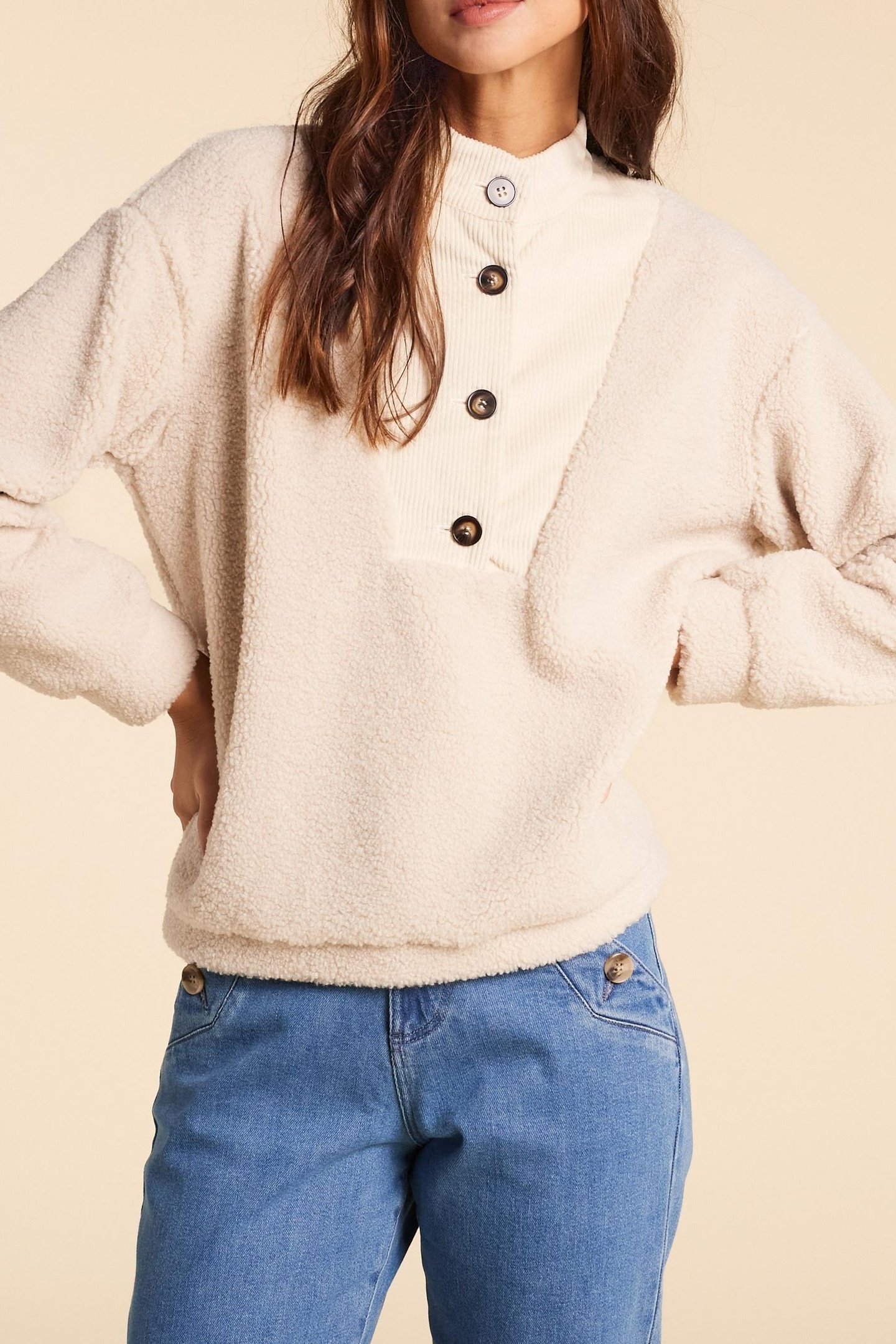 ECRU SHERPA AND VELOUR BUTTON-DOWN SWEATER ECRU 1