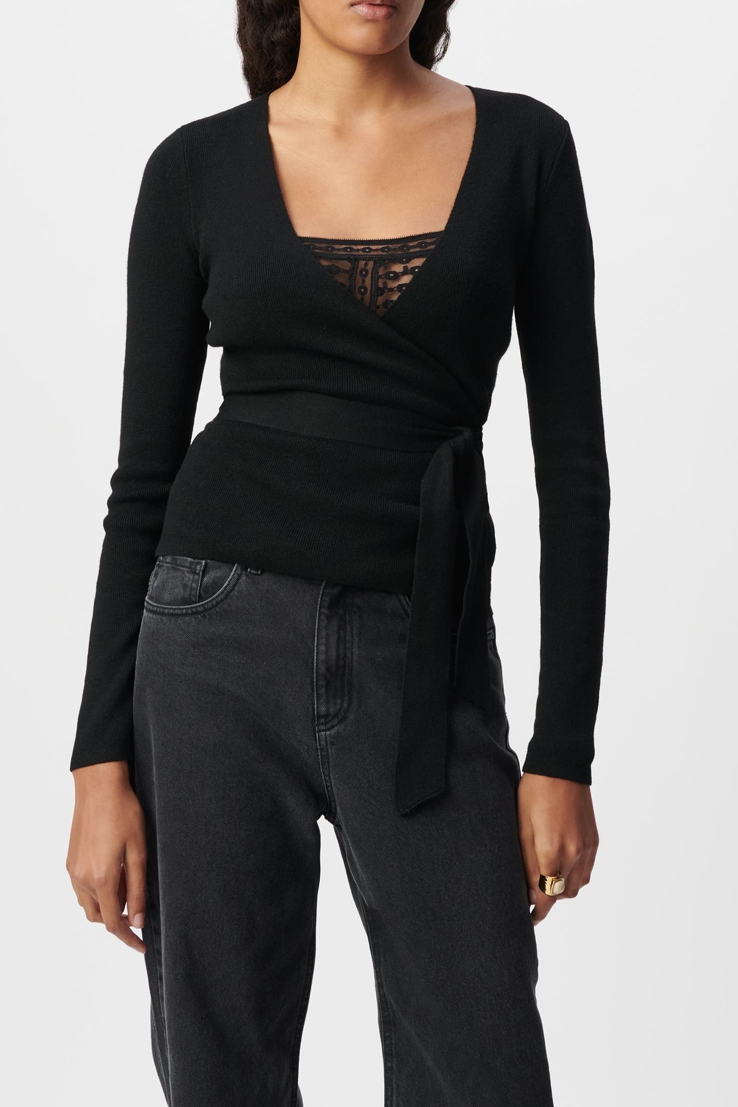 BLACK BELTED WRAP-AROUND SWEATER 2