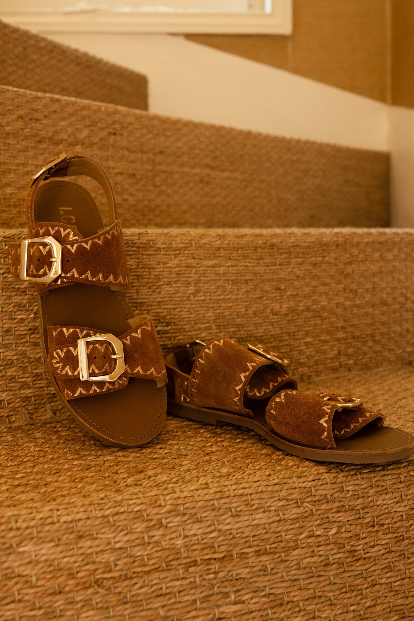 CAMEL LEATHER VELOUR EMBROIDERED FLAT SANDALS CAMEL 7