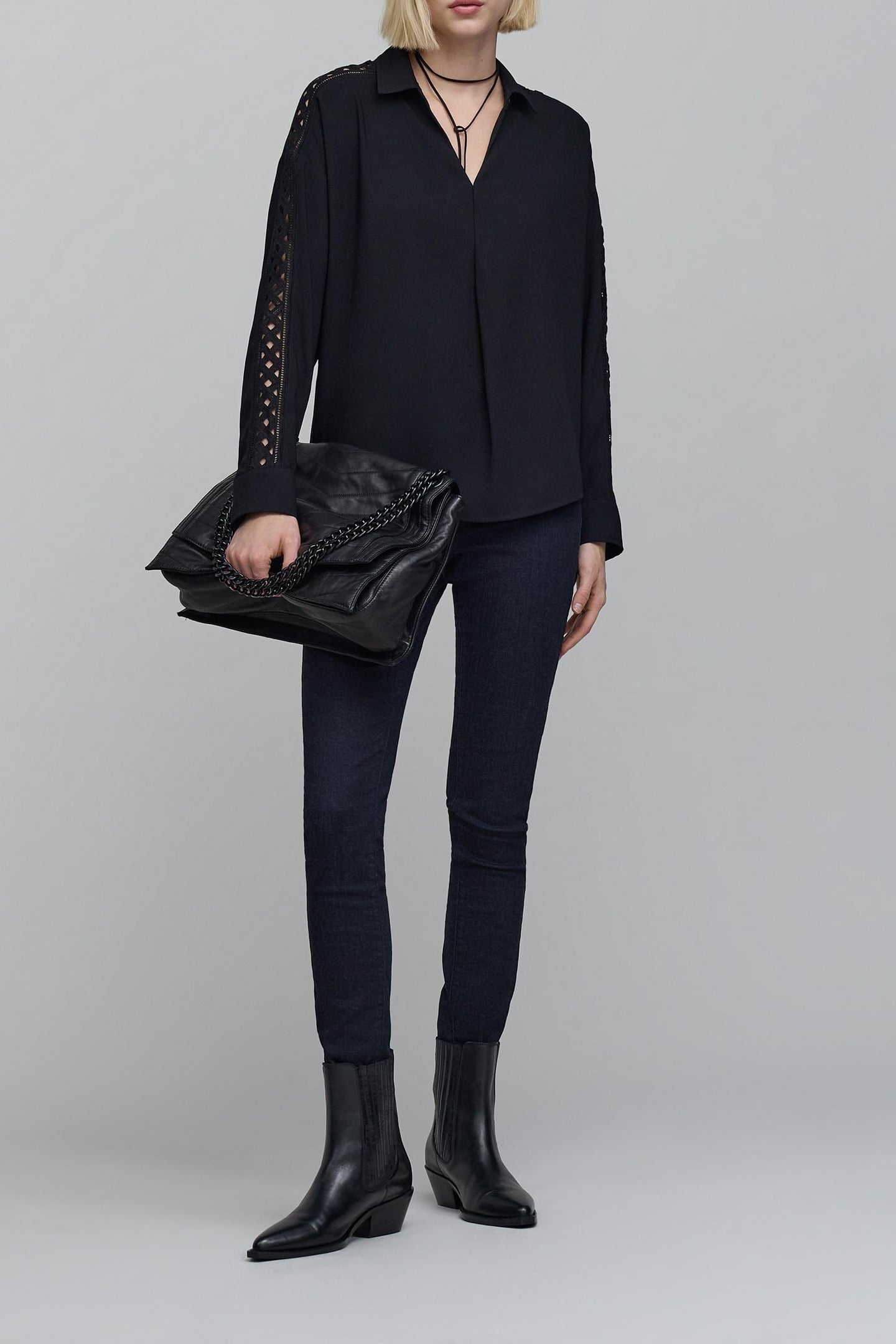 BLACK GRAPHIC LACE SLEEVE BLOUSE 1