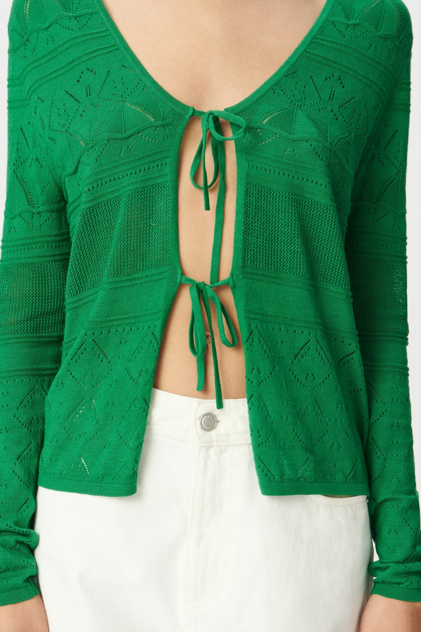 GREEN OPENWORK KNIT LONG-SLEEVED CARDIGAN TO TIE 3