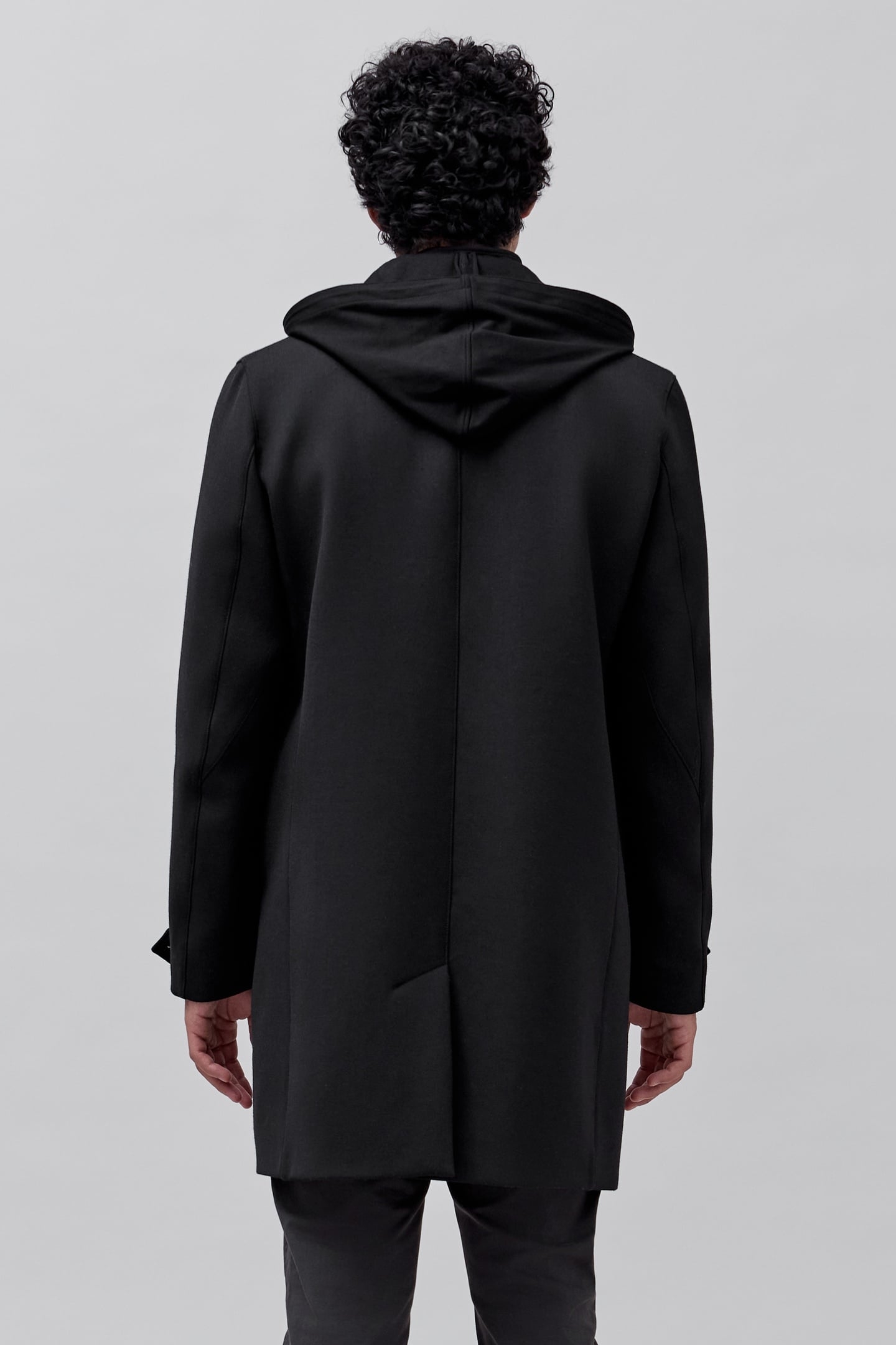 BLACK TRENCH COAT WITH DETACHABLE HOOD FACING 5