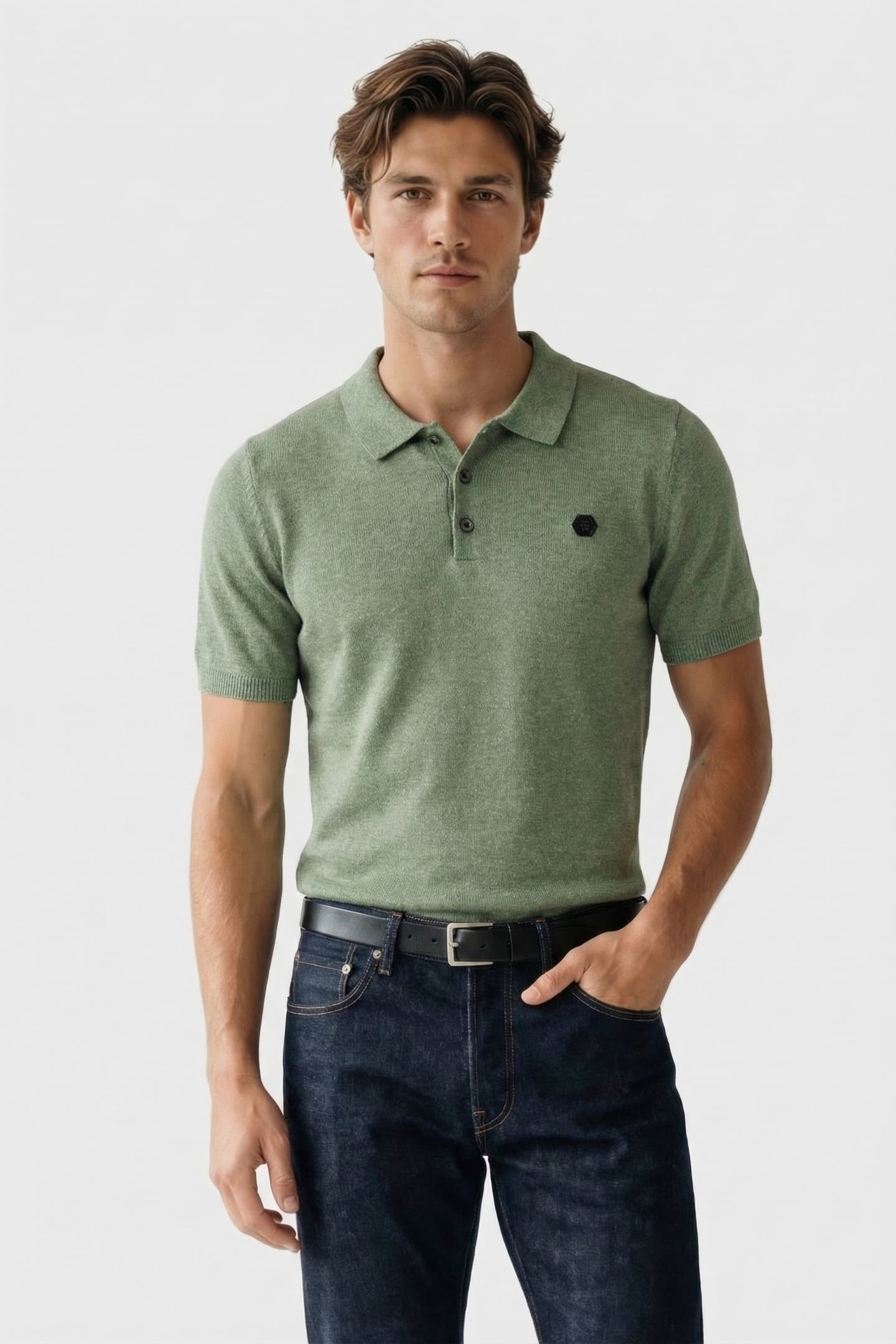 PULLOVER SHORT SLEEVE POLO MELANGE WITH LINEN GREEN 1