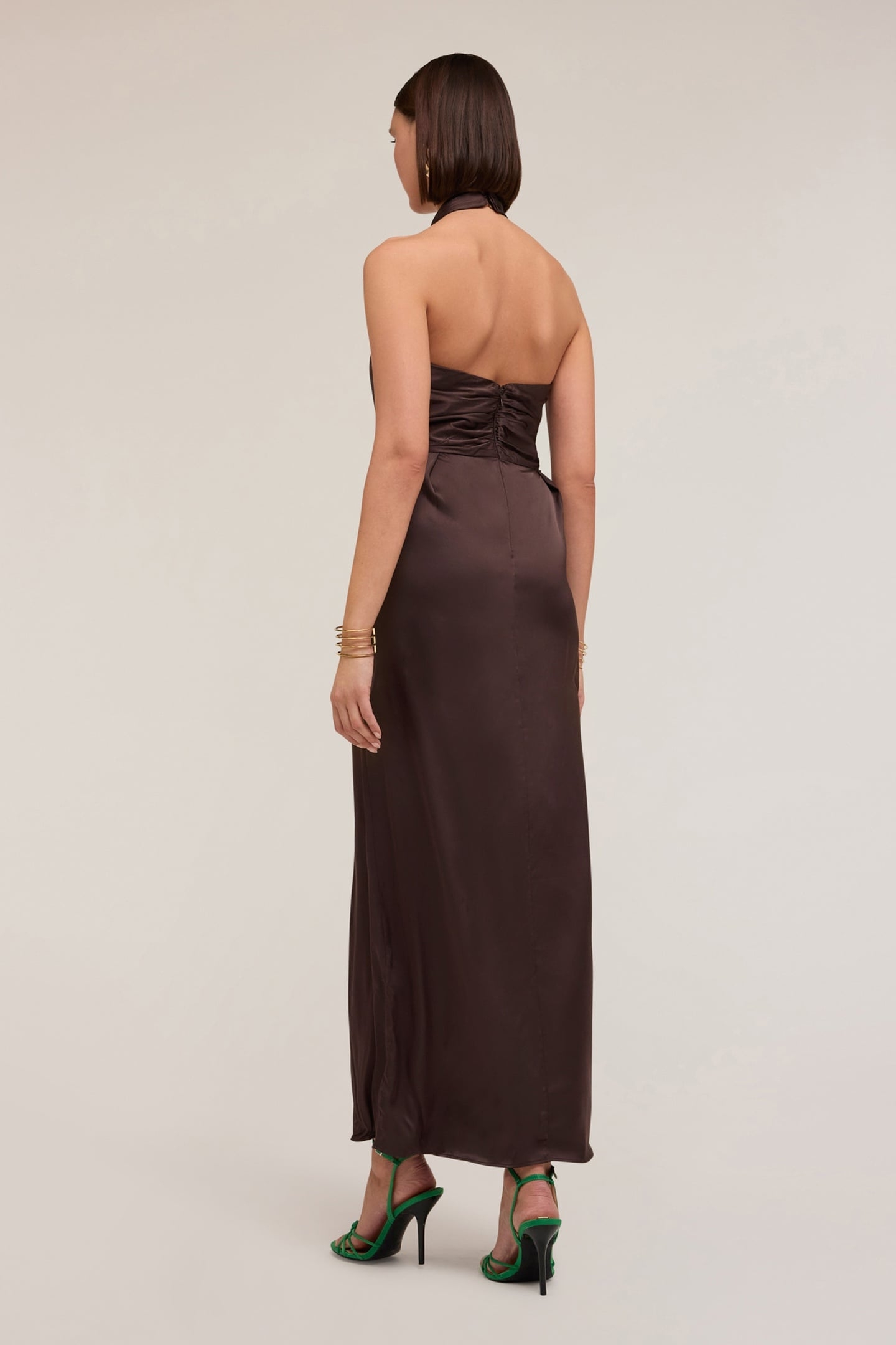 SHINY SATIN HALTERNECK DRESS BROWN 2