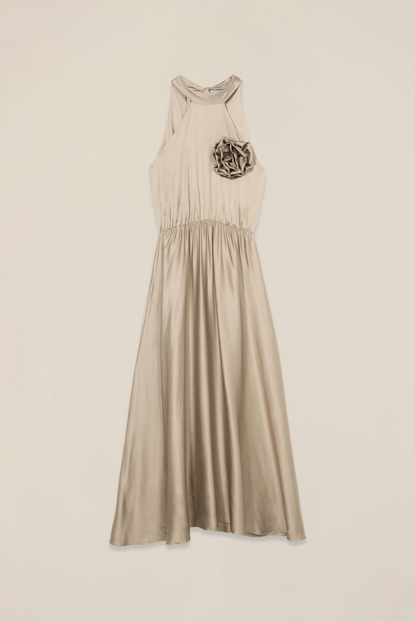 LONG SATIN DRESS WITH FLOWER BEIGE 3