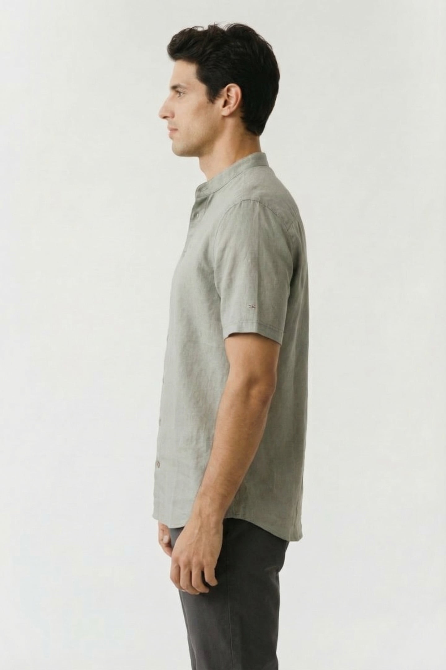 SHIRT SHORT SLEEVE GRANDDAD SOLID WITH LINEN LIGHT ARMY 4