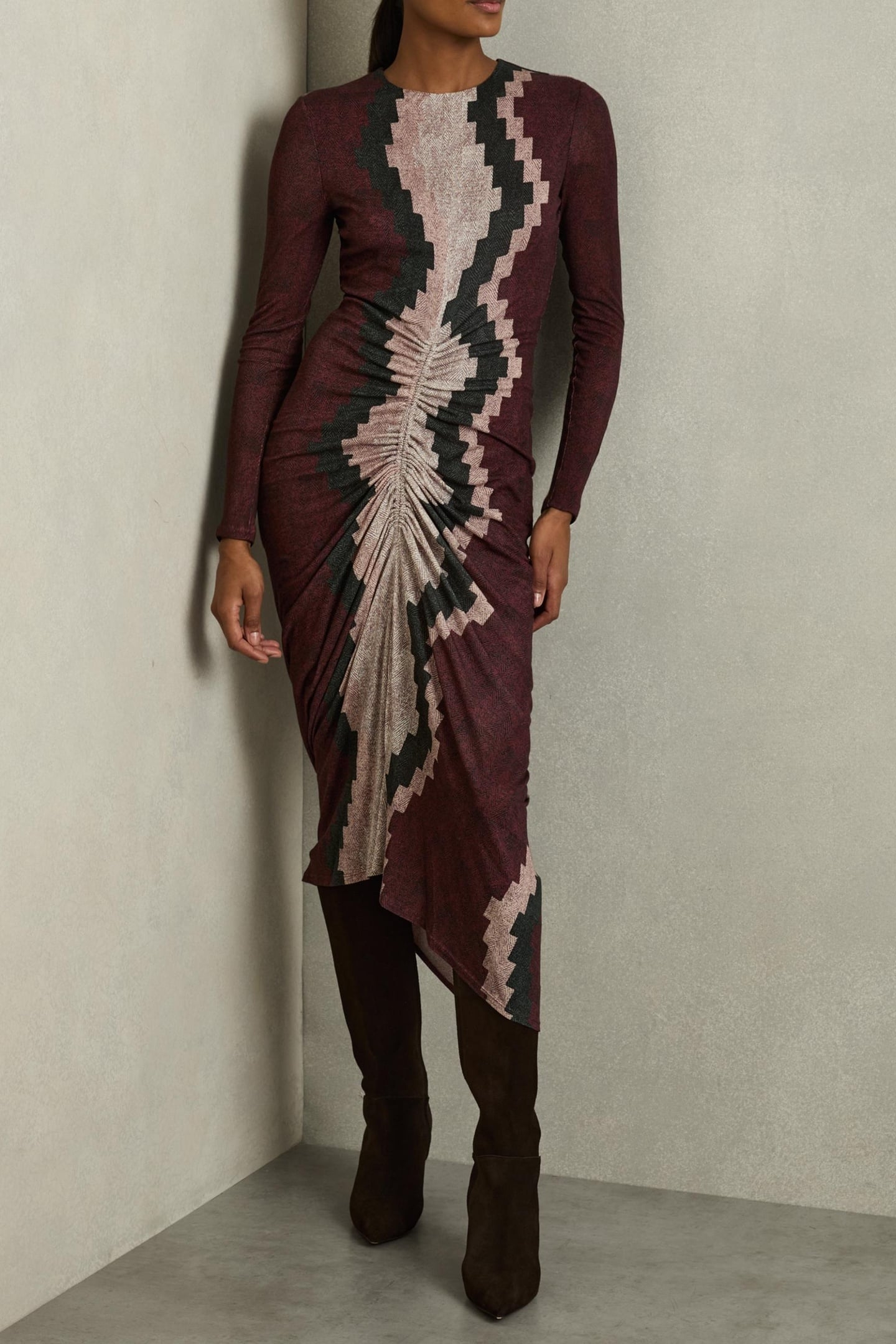 PRINTED RUCHED JERSEY DRESS BURGUNDY 1