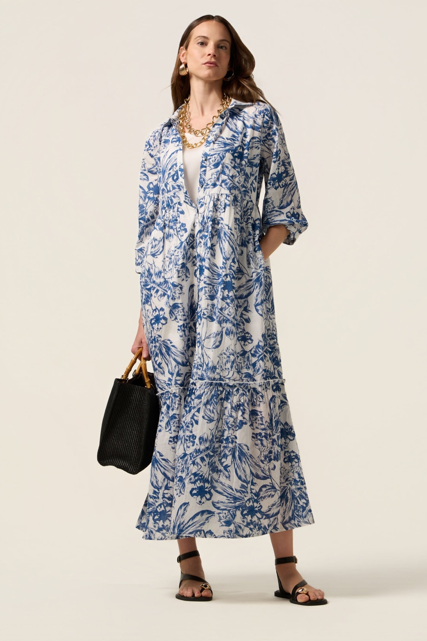 LONG PATTERNED COTTON SHIRTDRESS LIGHT BLUE 1